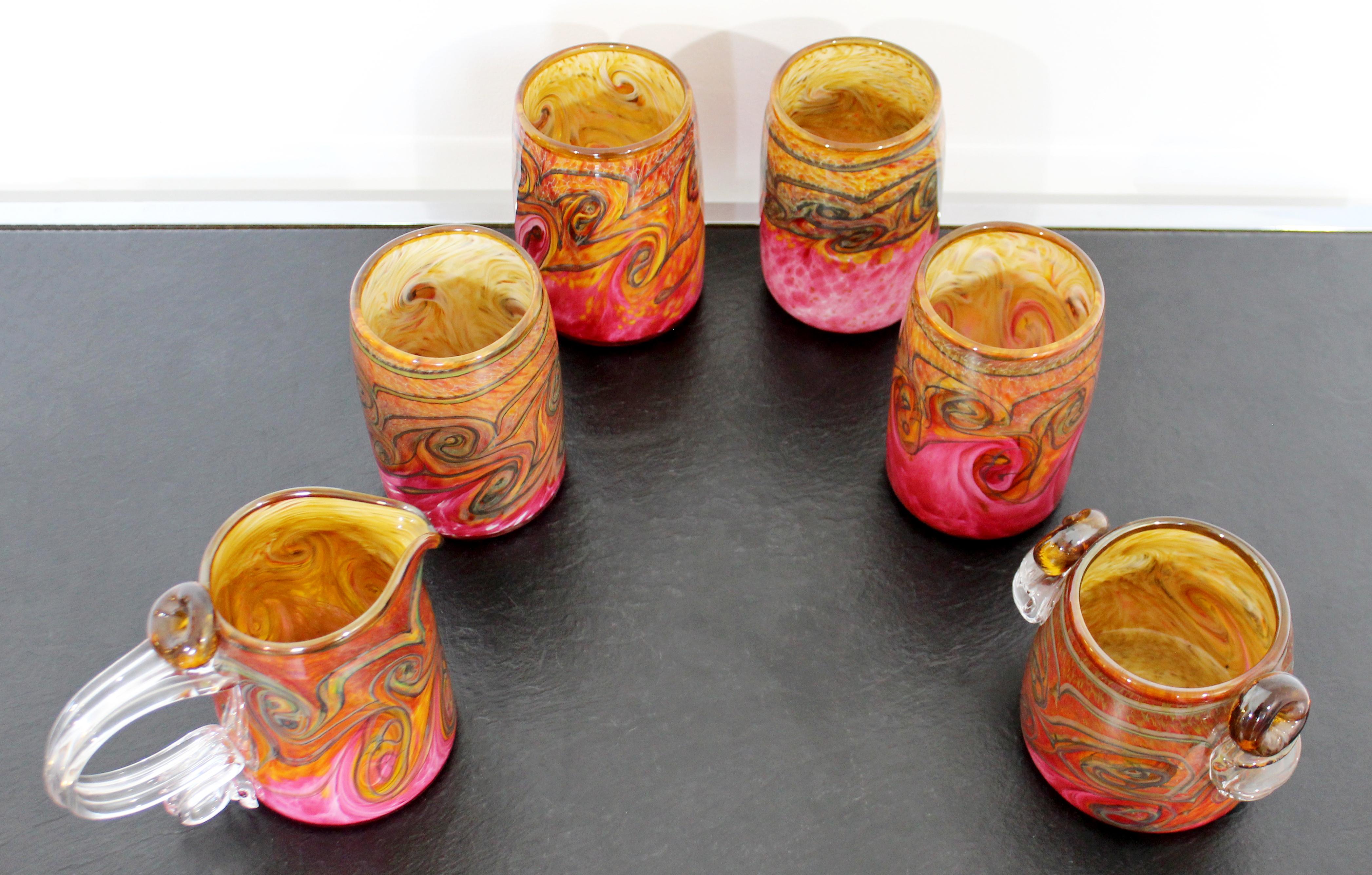 Blown Glass Contemporary Abstract Pattern Glass Set 4 Cups Cream & Sugar Signed Dated 2000s