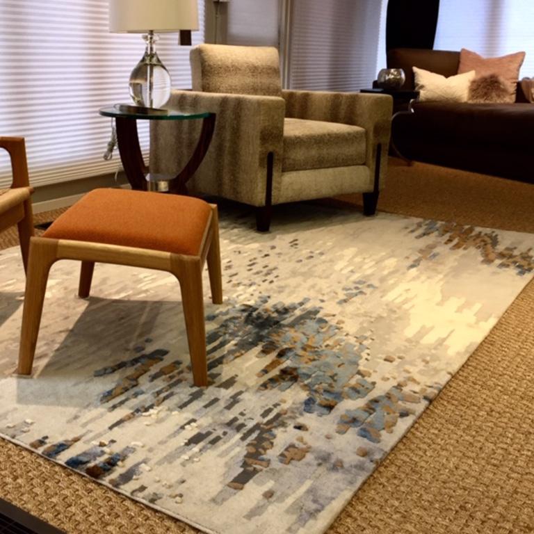 Modern Contemporary Abstract Rug in Blues Brown Grey, Handmade of Silk and Wool 