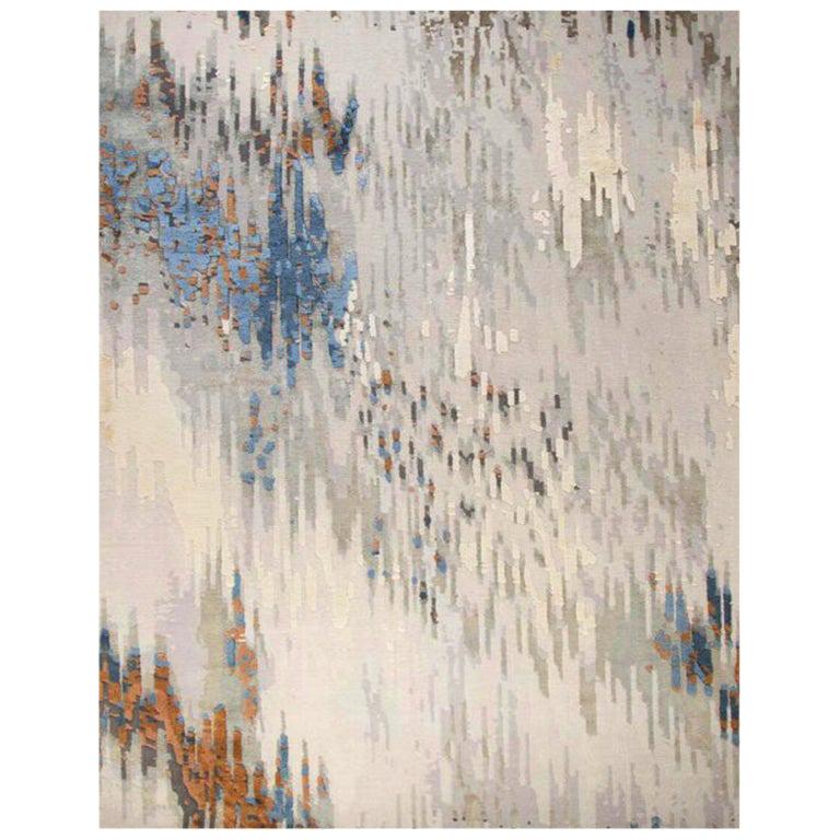 Contemporary Abstract Rug in Blues Brown Grey, Handmade of Silk and Wool "Bryce" For Sale
