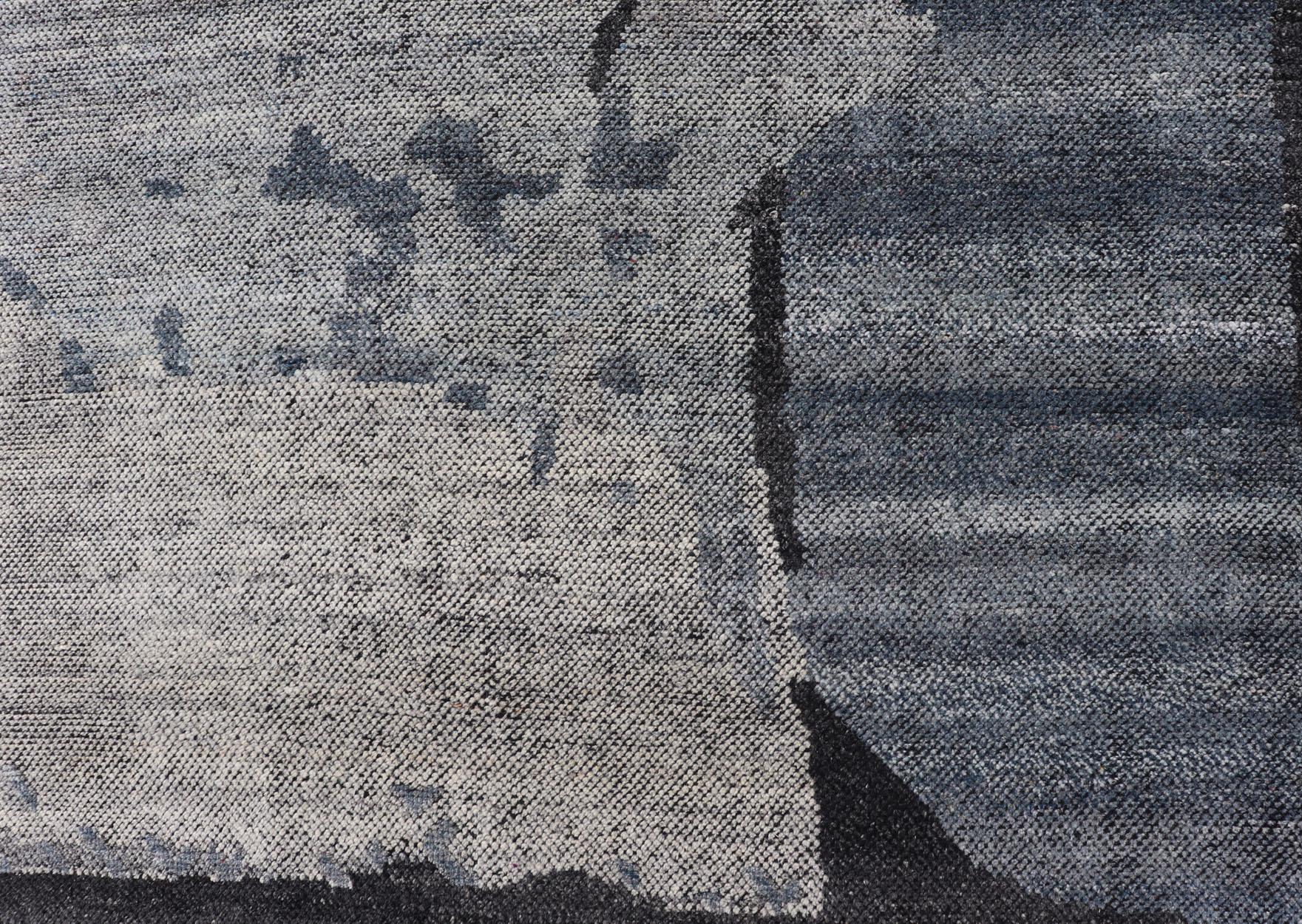 Contemporary Abstract Rug in Grau, Holzkohle und Stahlblau 10'1 X 14 (Wolle) im Angebot