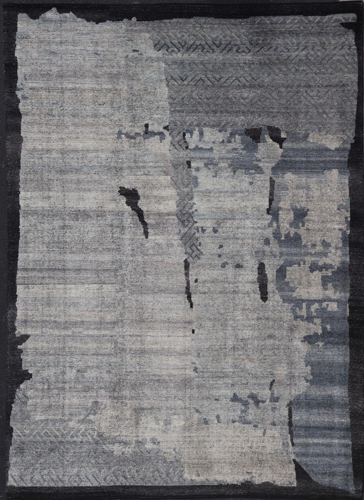 Contemporary Abstract Rug in Grau, Holzkohle und Stahlblau 10'1 X 14