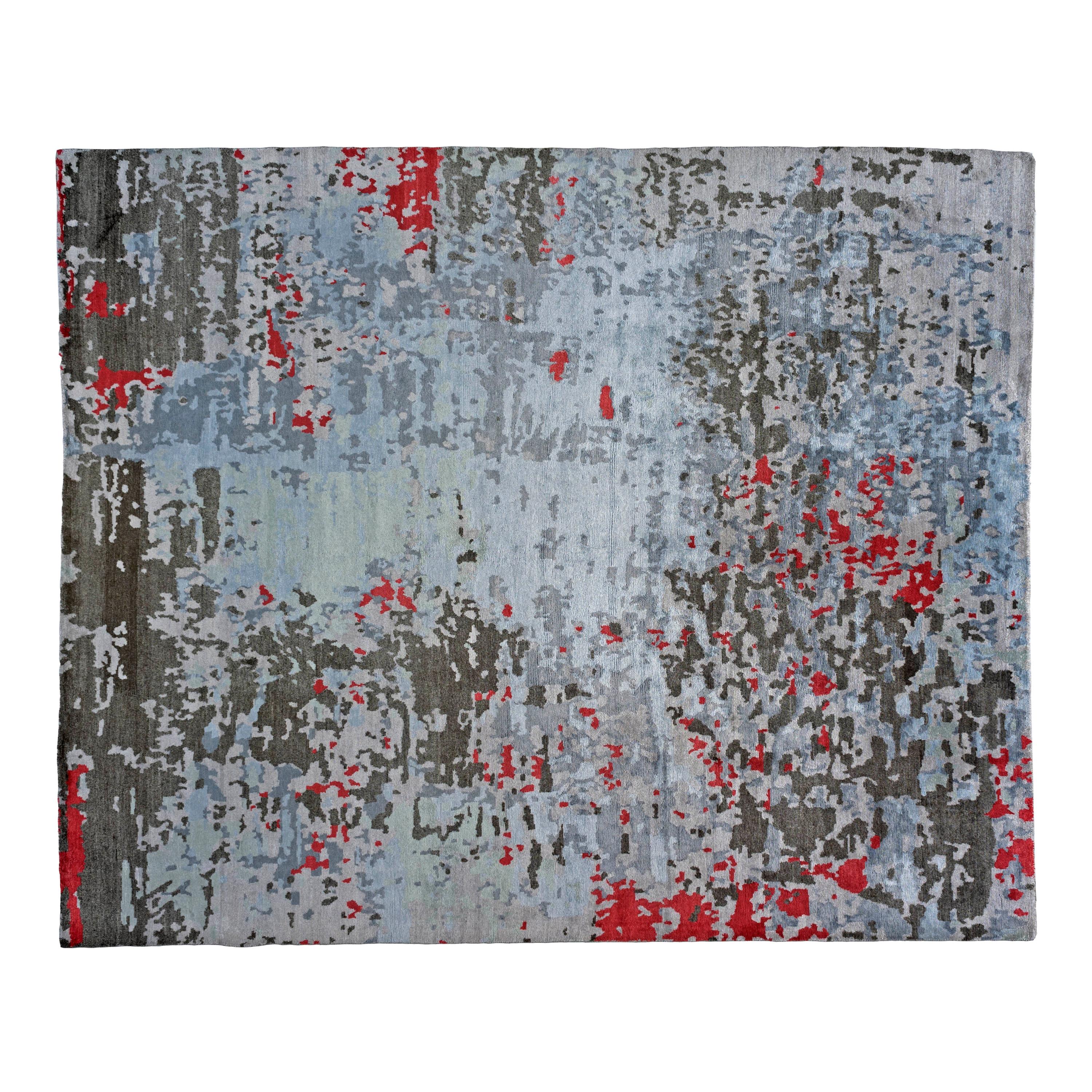 Tapis abstrait contemporain en argent:: charbon de bois et rouge