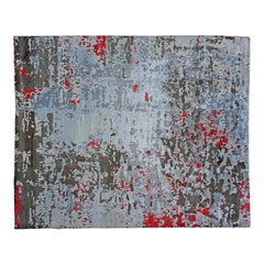 Contemporary Abstract Rug in Silver, Charcoal and Red