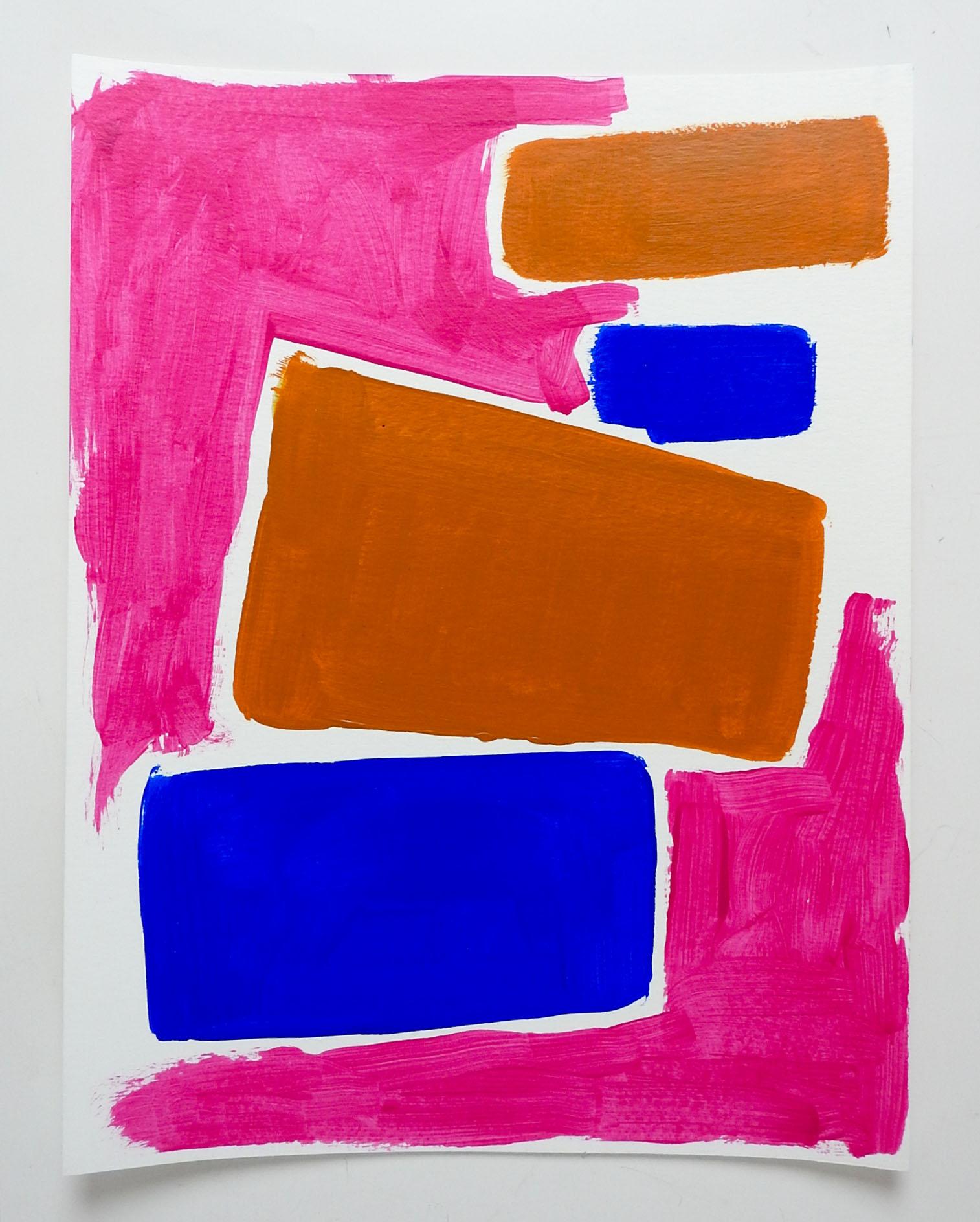 Contemporary 2020 pink, blue and terracotta abstract gouache on paper painting by David Grinnell (21st century) Texas. Signed, dated and titled color block Sketch #12 on verso. Unframed, good condition.