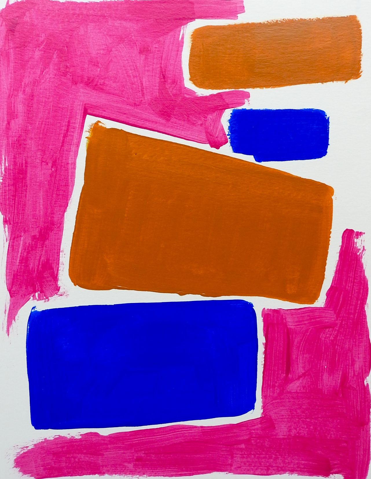 Moderne Peinture contemporaine de forme abstraite en terre cuite rose et bleue en vente