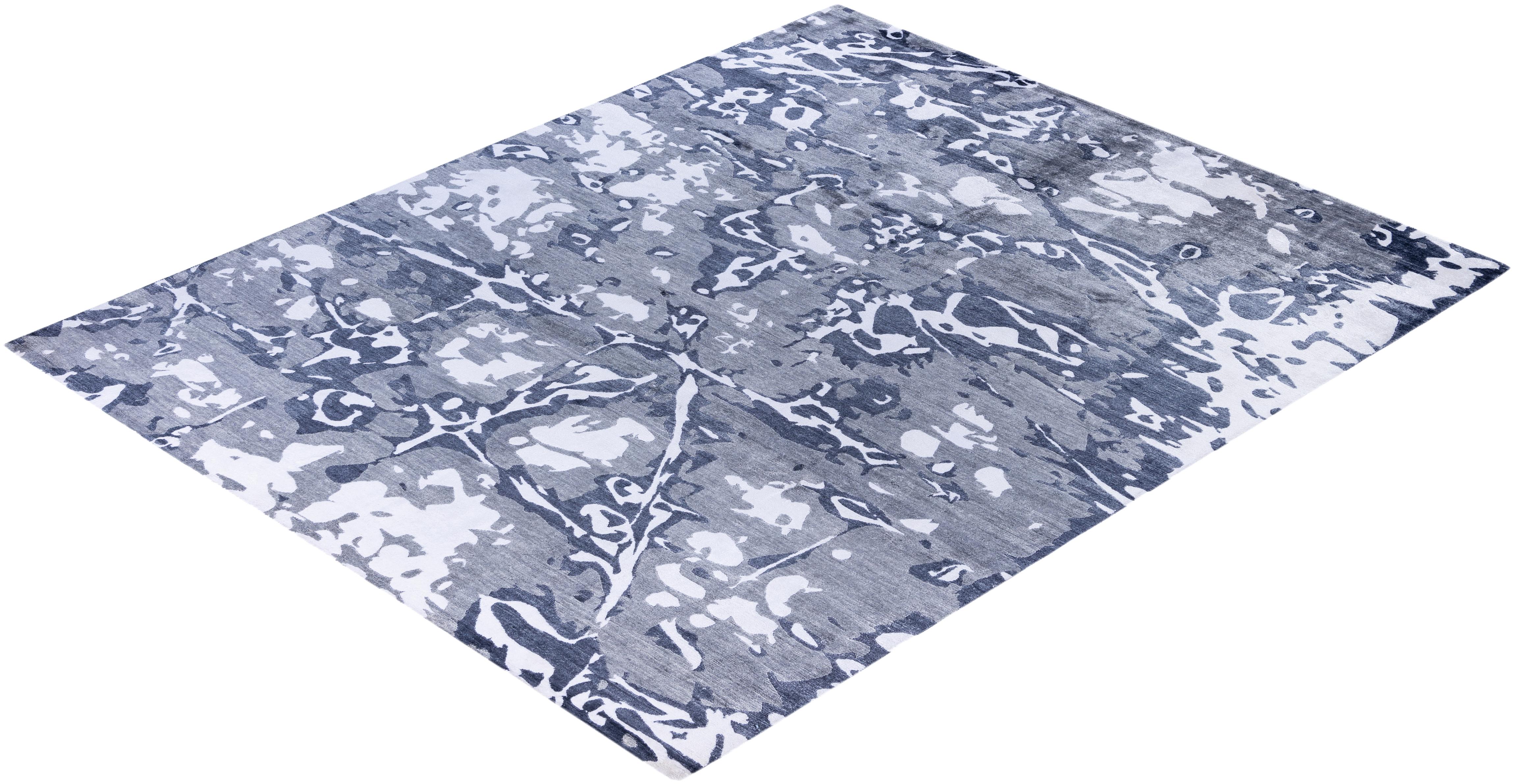 Contemporary Abstract Silk Hand Knotted Ivory Area Rug 8' 1