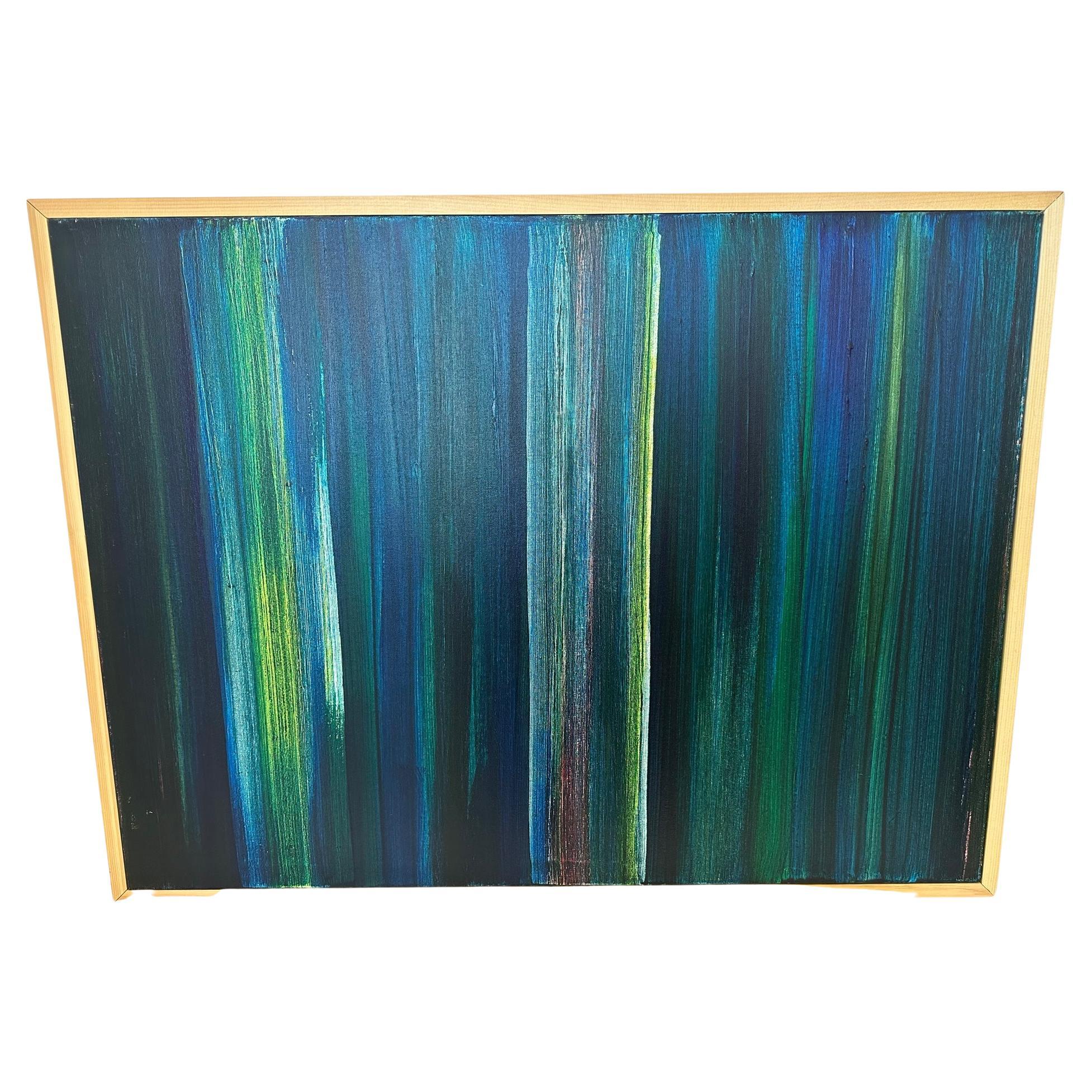 Peinture abstraite contemporaine à rayures dans les tons bleus et verts
