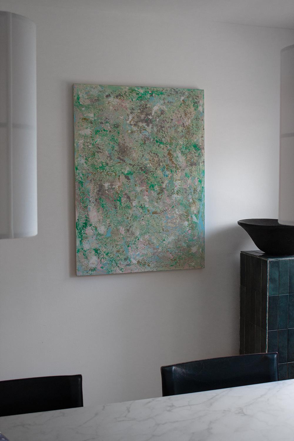 Modern Contemporary Abstract Textured Painting in light Blue, Green Tones by Ezra Zäh For Sale