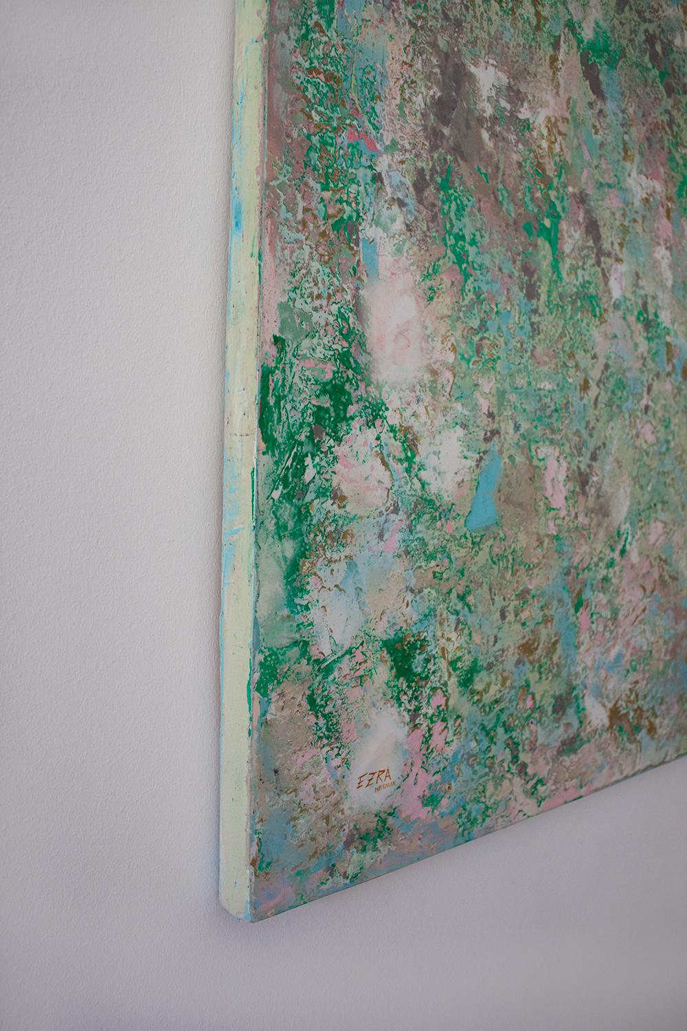 Hand-Painted Contemporary Abstract Textured Painting in light Blue, Green Tones by Ezra Zäh For Sale