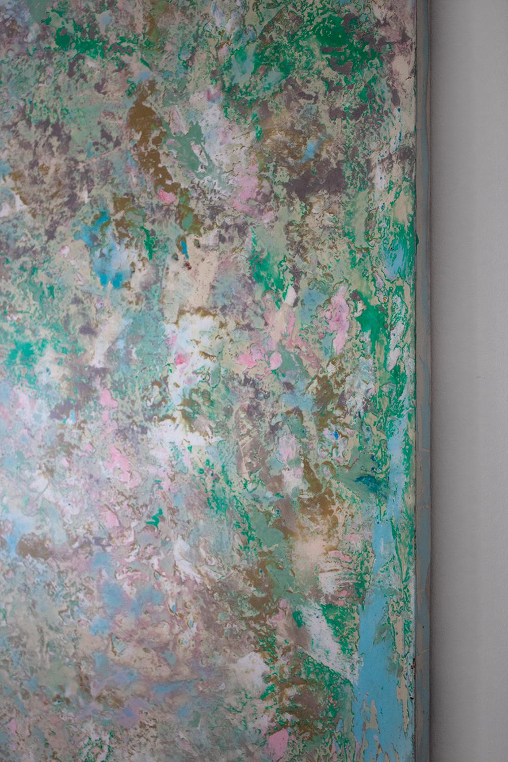 Wood Contemporary Abstract Textured Painting in light Blue, Green Tones by Ezra Zäh For Sale