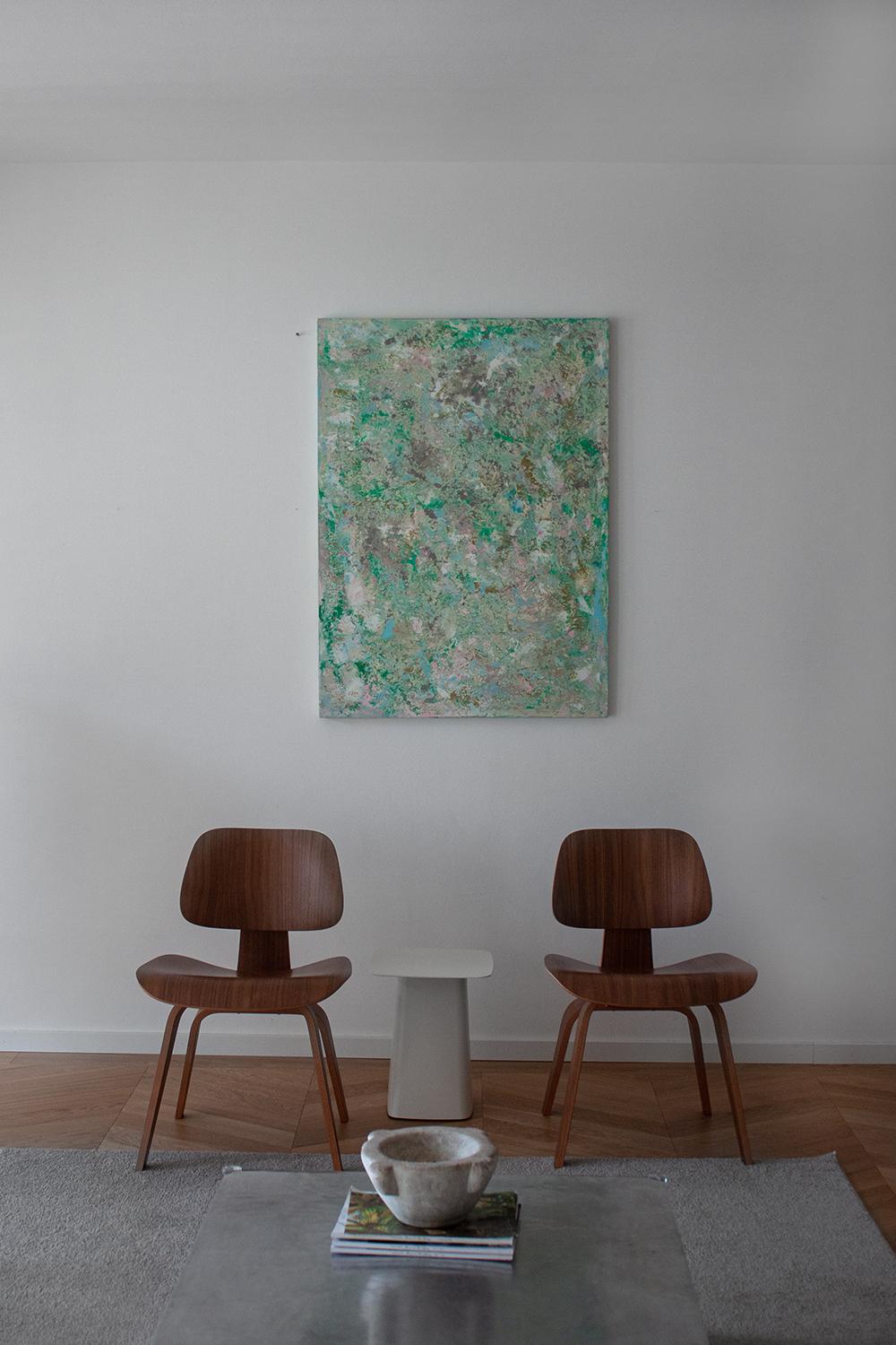 Contemporary Abstract Textured Painting in light Blue, Green Tones by Ezra Zäh For Sale 1