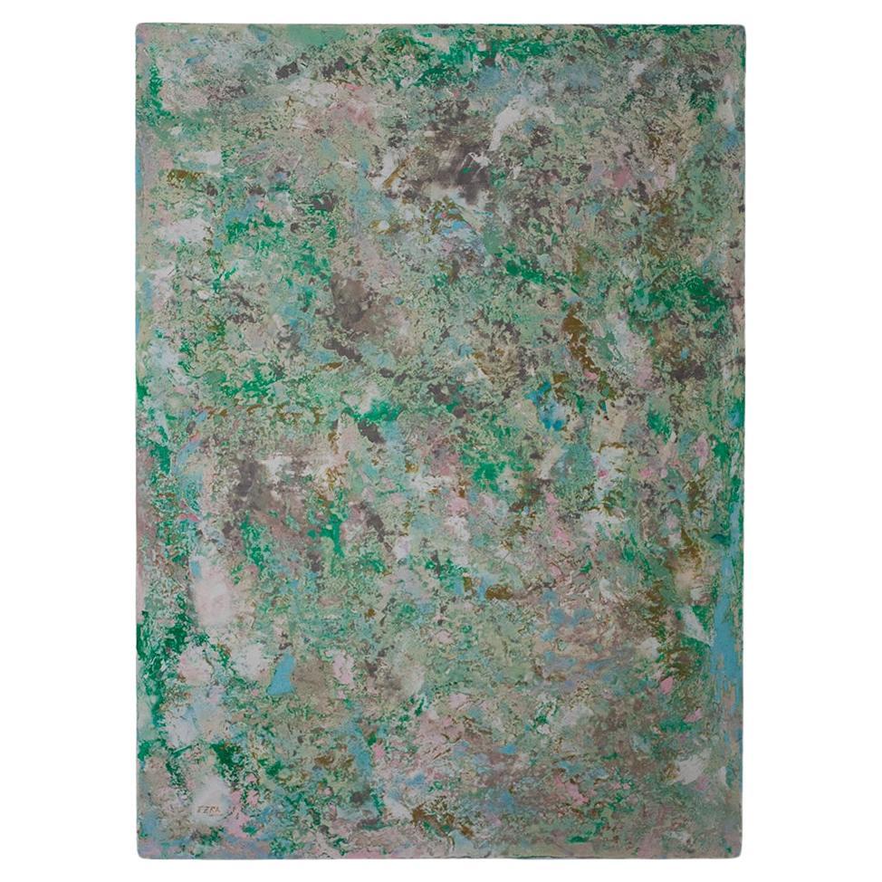 Contemporary Abstract Textured Painting in light Blue, Green Tones by Ezra Zäh