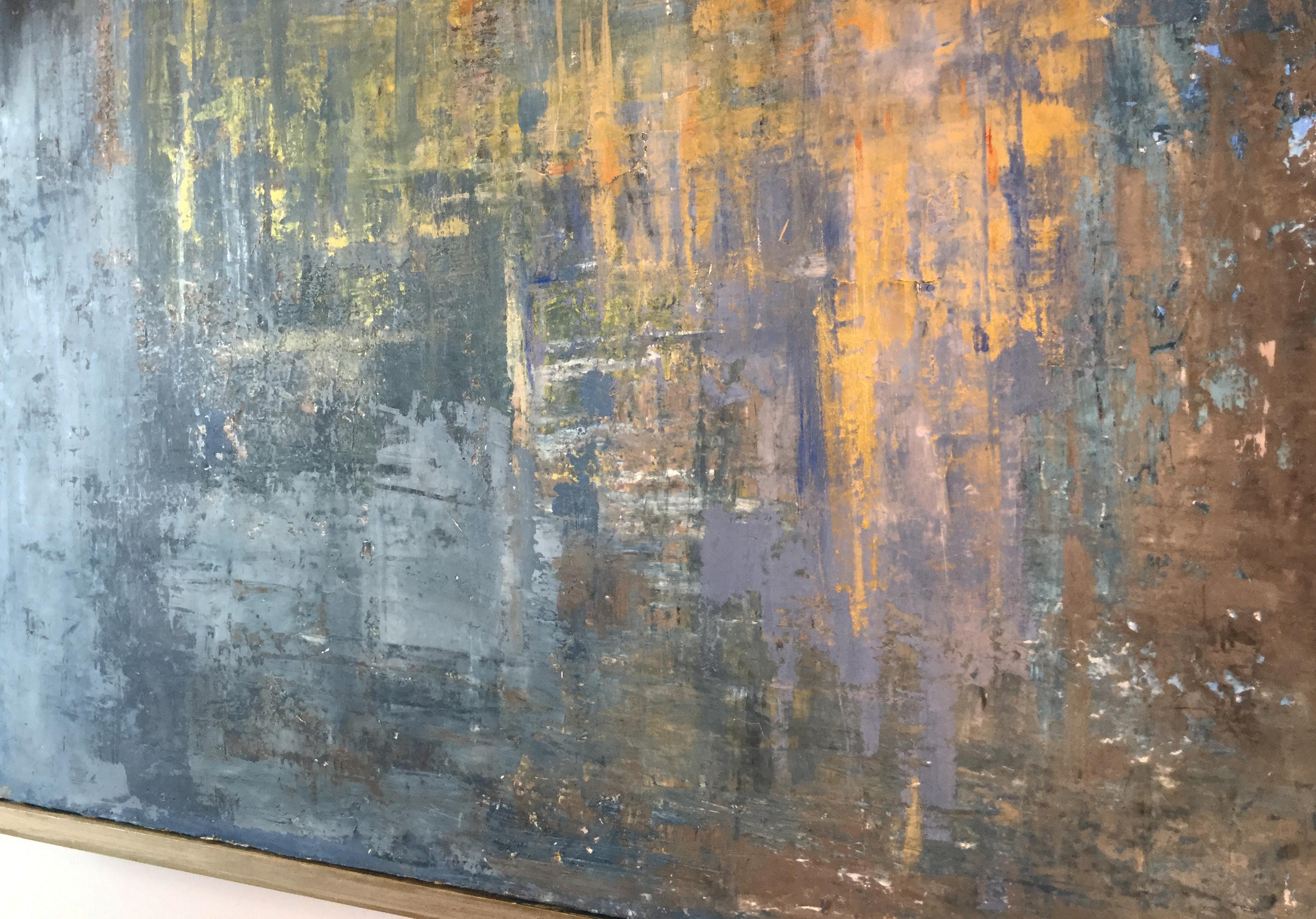 A Layered mixed-media on canvas with Venetian plaster, dyes, metallic acrylic paint on canvas. The multiple layers of plaster and metallic paint create the mood of majesty for this painting.