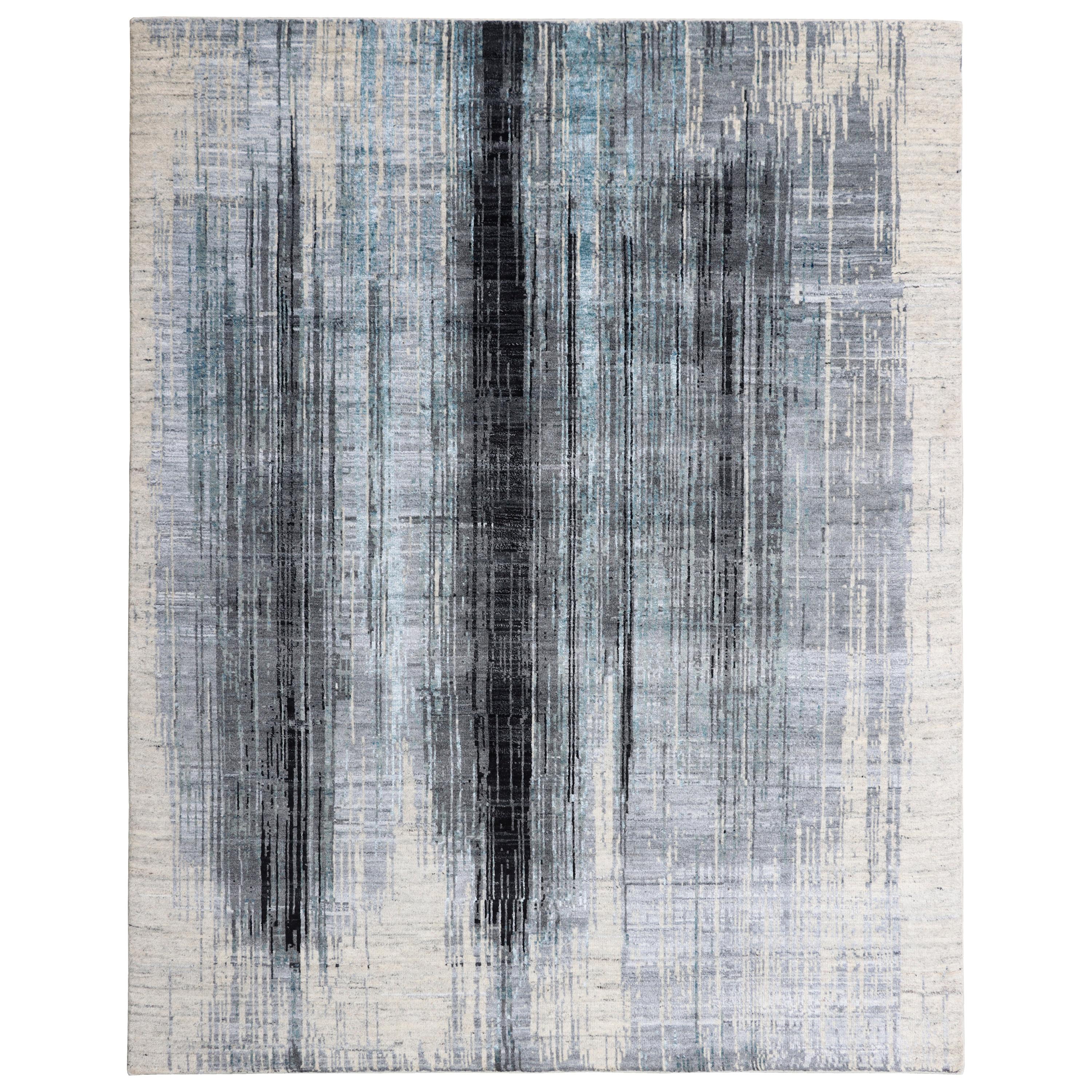 Tapis contemporain abstrait à l'aquarelle en laine beige et bleu dégradé noué à la main