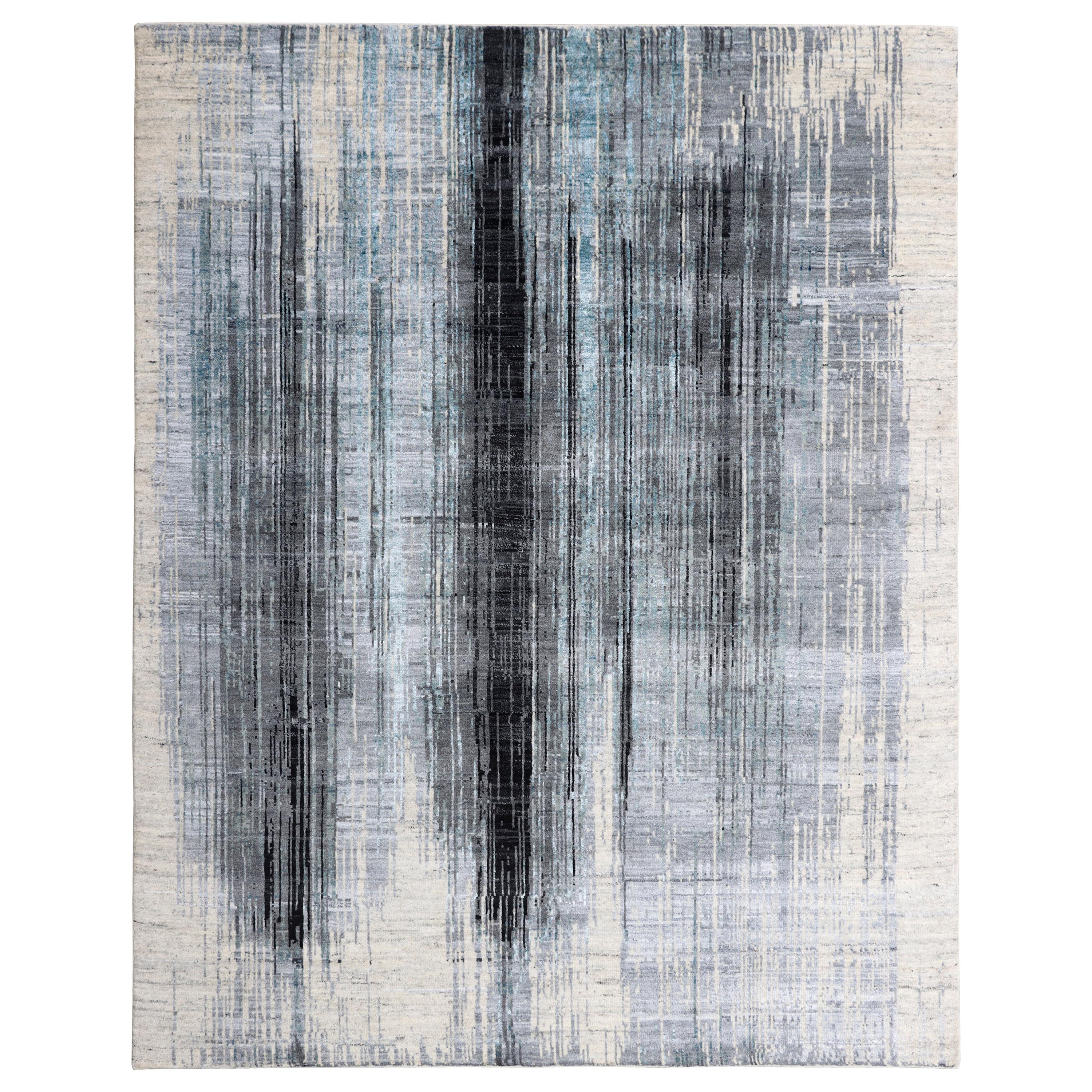 Contemporary Abstract Watercolor Gradient Beige and Blue Wool Hand-Knotted Rug For Sale