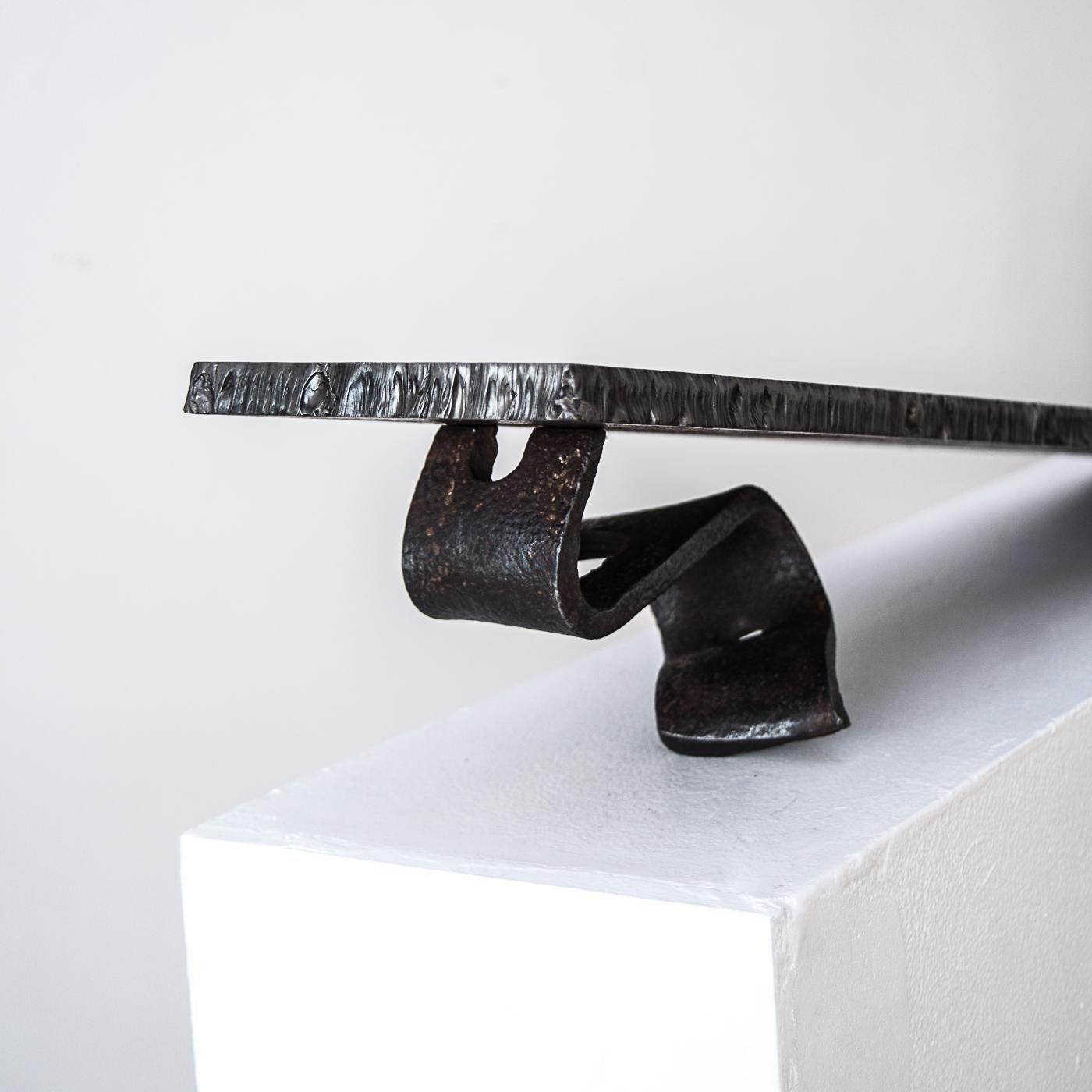 Ramp
steel
Measures: 6 x 8 x 42 in.

Artist statement:

I seldom use stock material, but prefer distressed and rusted steel that has been scarred, bent, and made imperfect. In this state, the material becomes quite beautiful. There are figurative