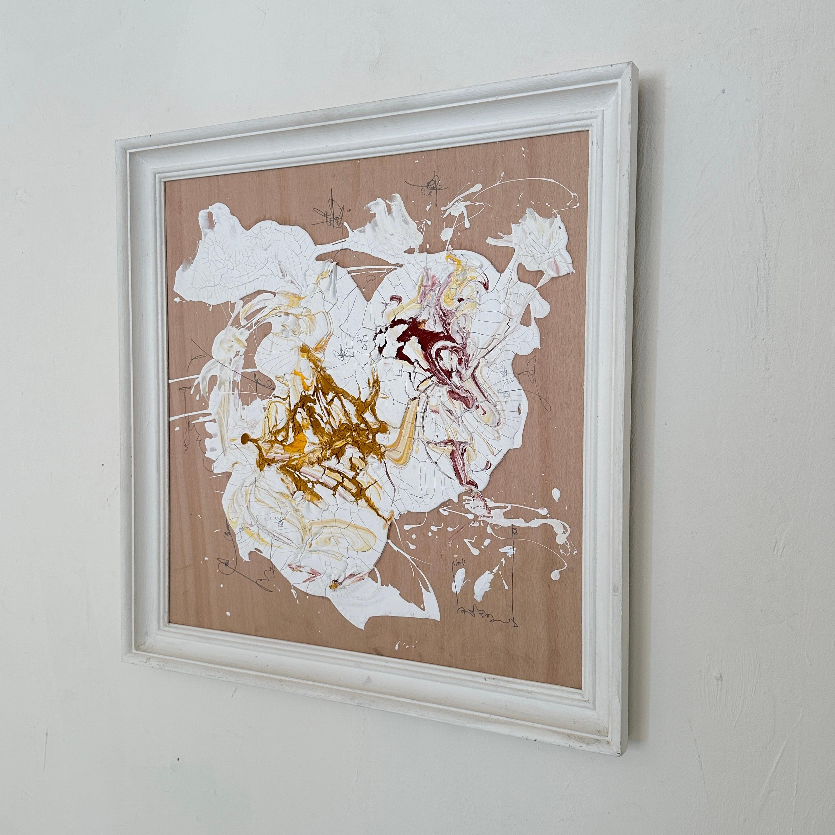 Questo bellissimo quadro astratto contemporaneo su legno in bianco e nero di Felix Bachmann è stato realizzato nel 2024. 
Viene fornito incorniciato e pronto per essere appeso.
I pezzi sono dipinti su tela con acrilico, matita e gesso. Un pezzo