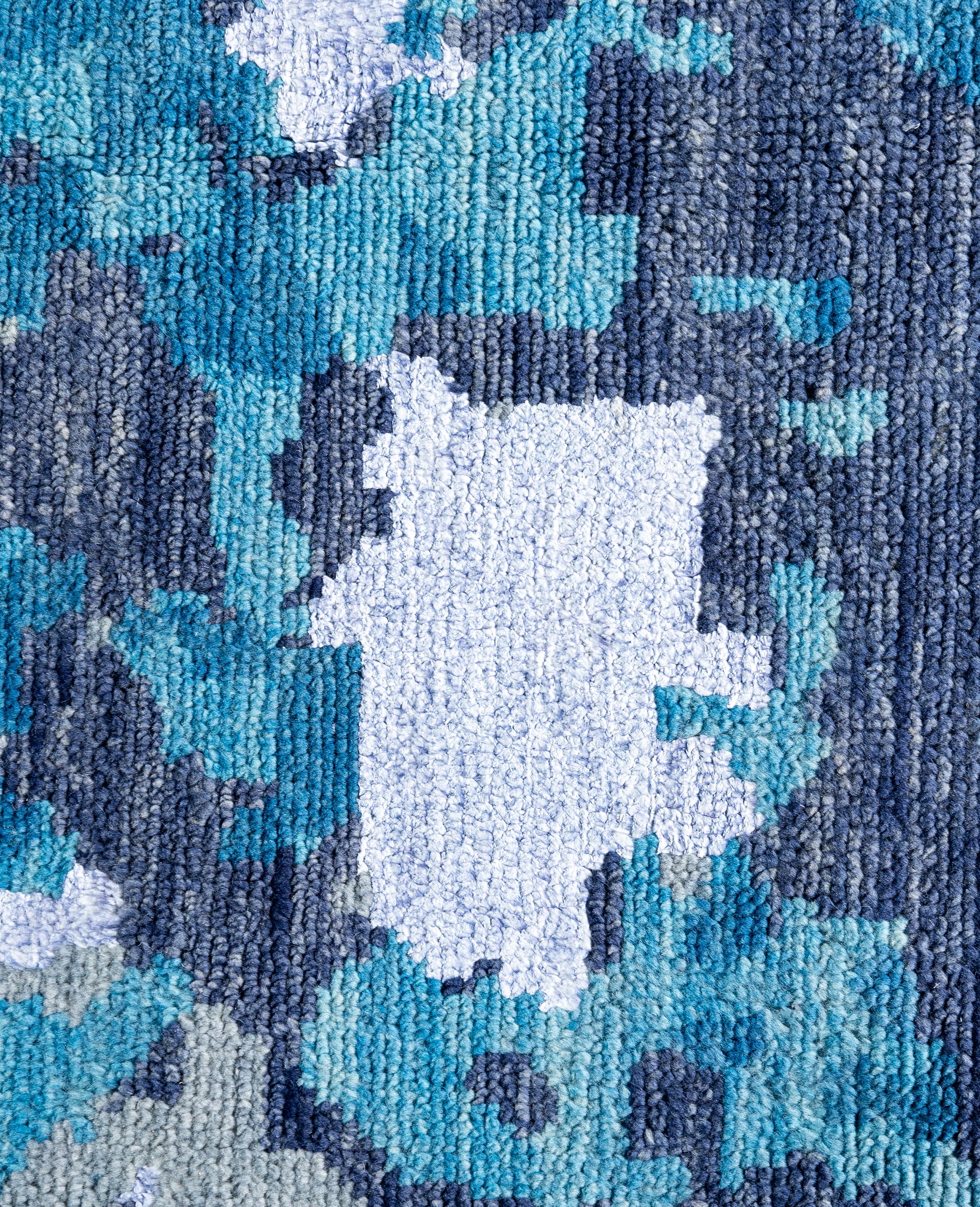 Indiano Contemporary Abstract Wool, Silk Hand Knotted Blue Area Rugs 7' 10