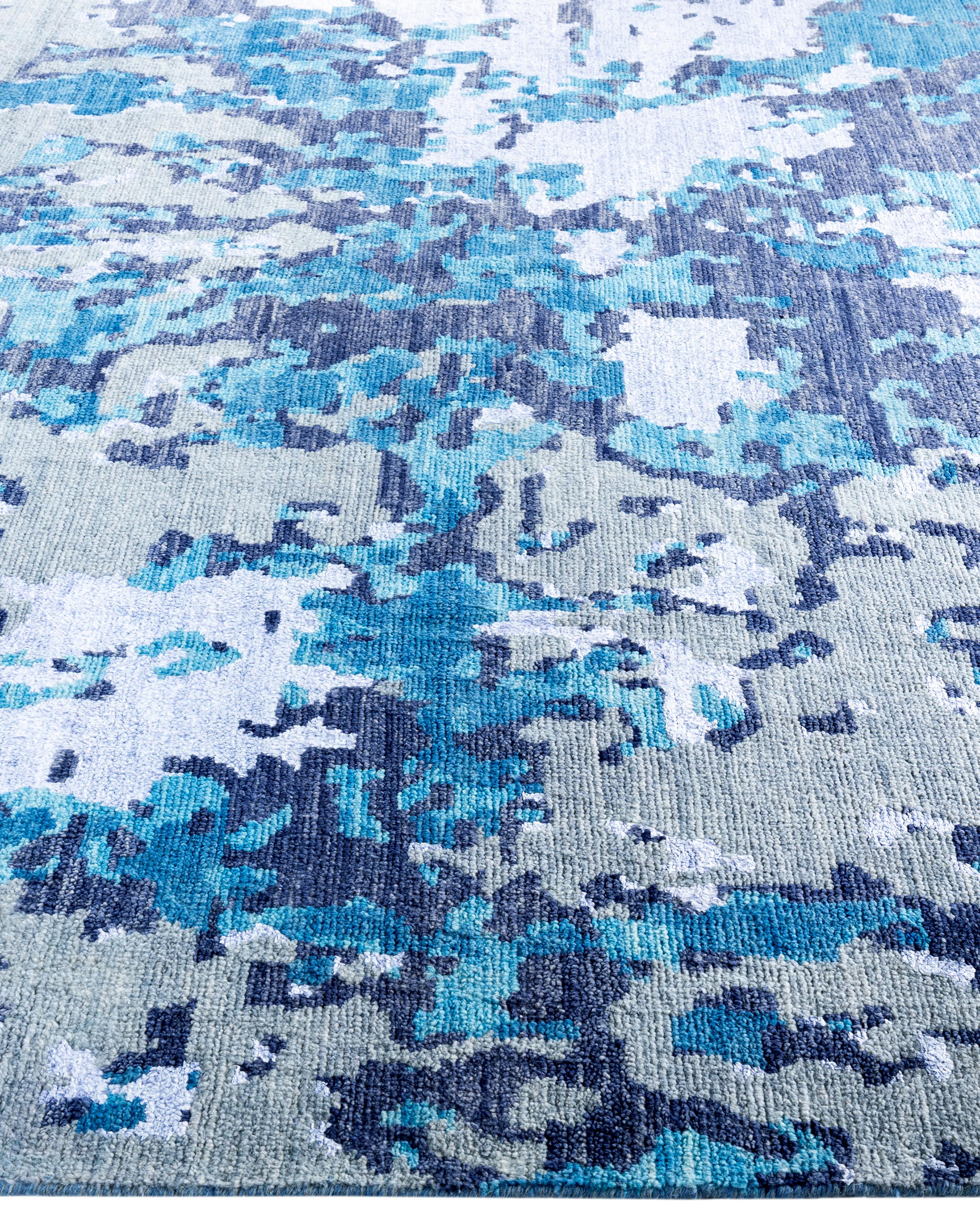 Annodato a mano Contemporary Abstract Wool, Silk Hand Knotted Blue Area Rugs 7' 10