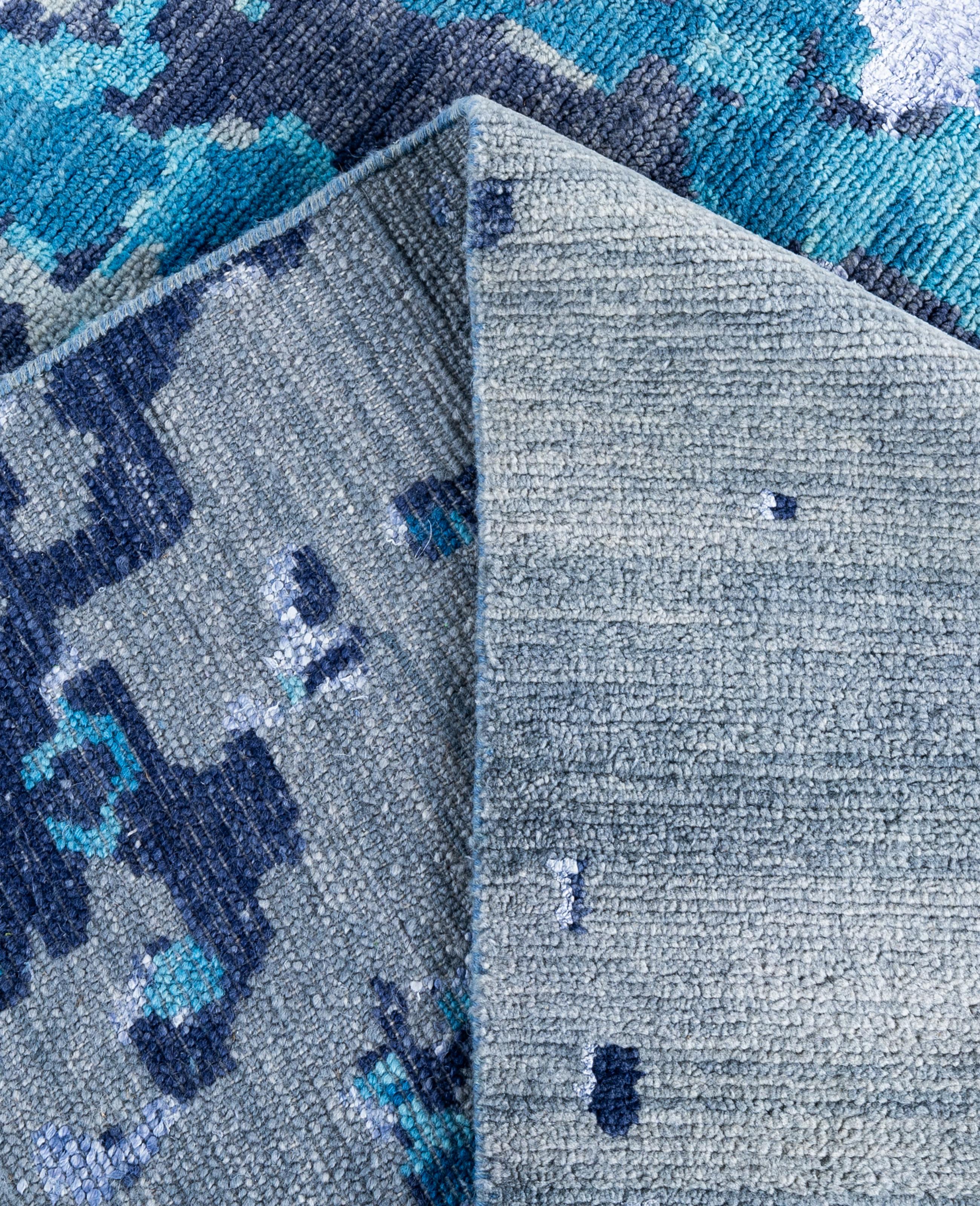 XXI secolo e contemporaneo Contemporary Abstract Wool, Silk Hand Knotted Blue Area Rugs 7' 10