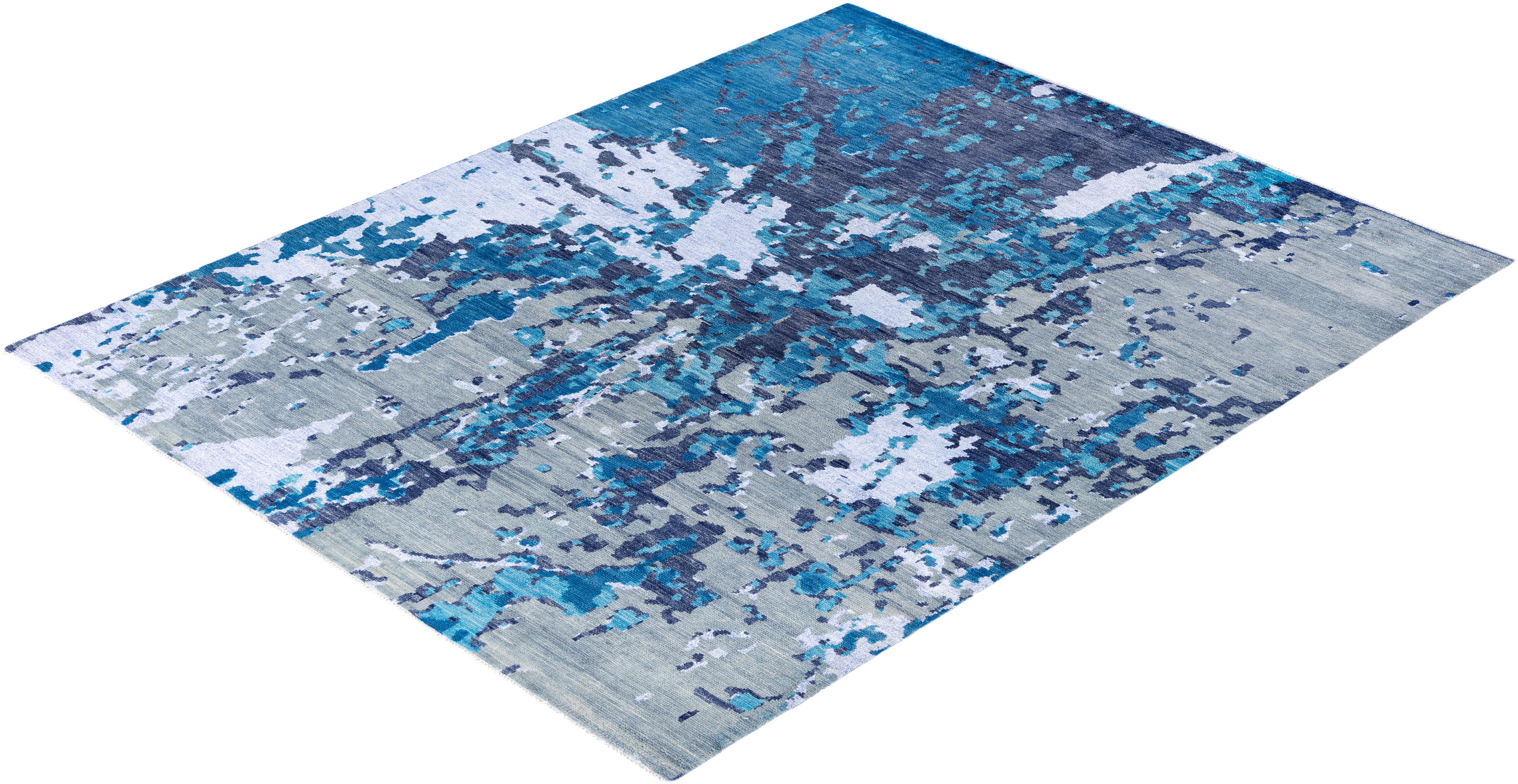 Contemporary Abstract Wool, Silk Hand Knotted Blue Area Rugs 7' 10
