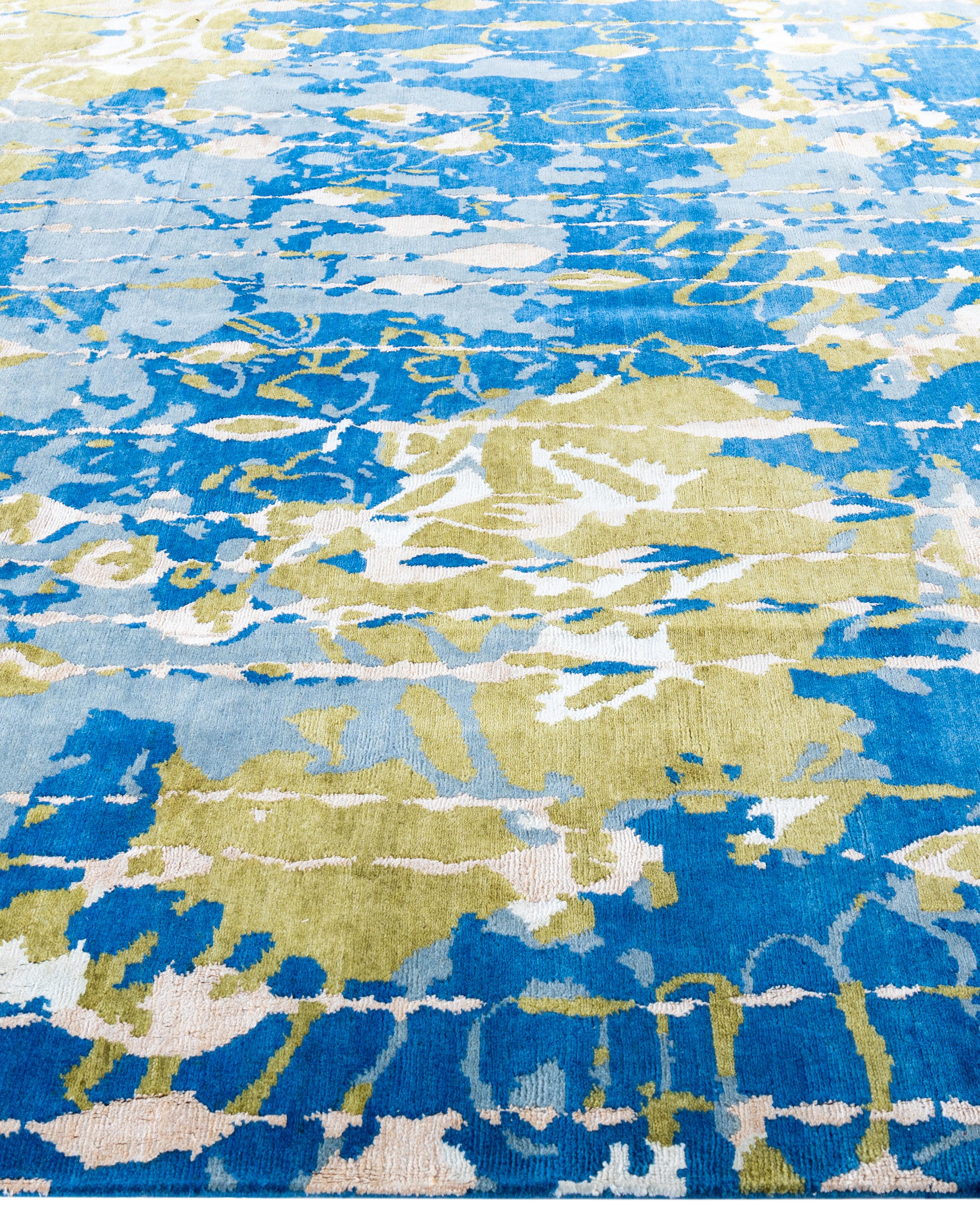 Annodato a mano Contemporary Abstract Wool, Silk Hand Knotted Blue Area Rugs 8' 2