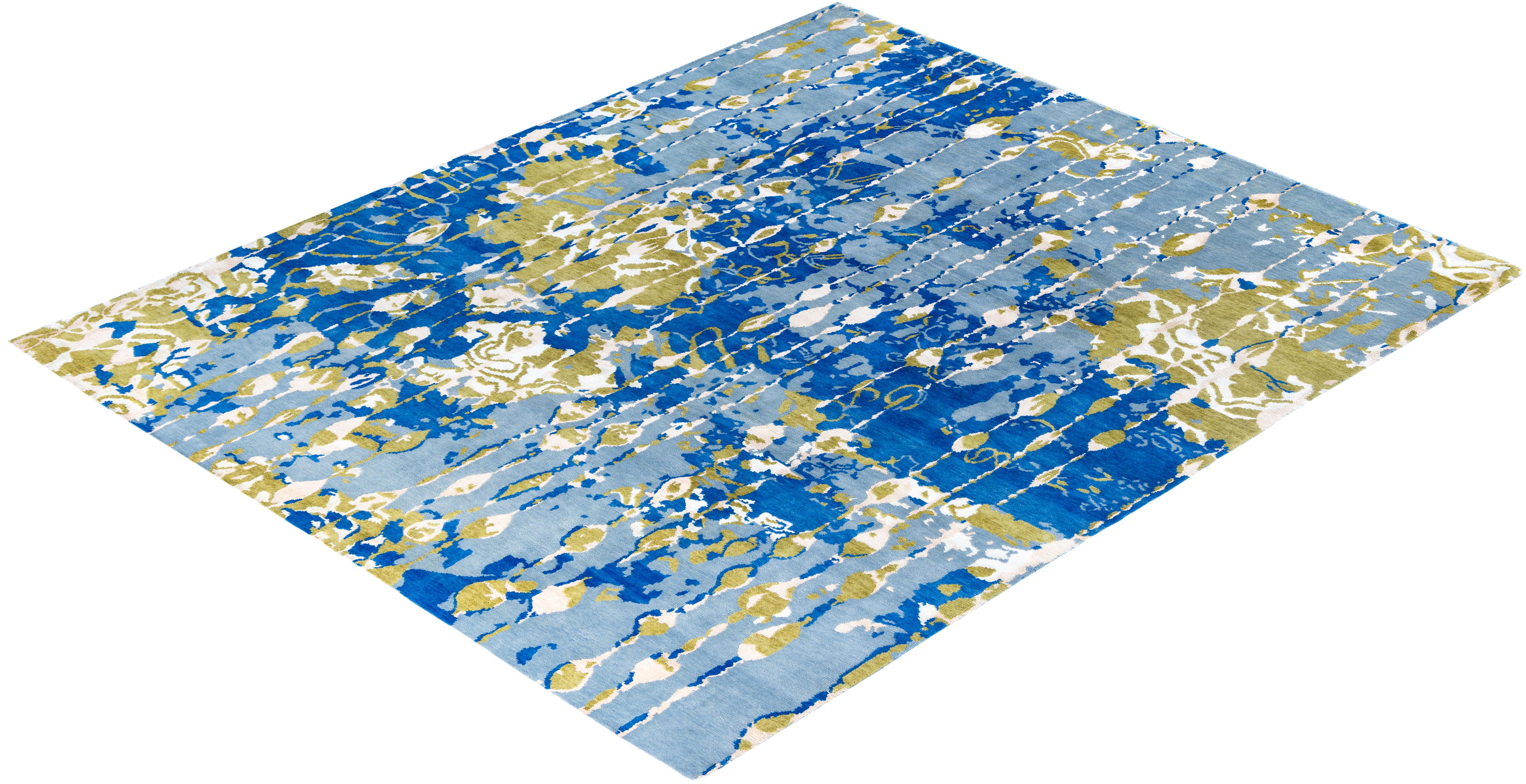 Contemporary Abstract Wool, Silk Hand Knotted Blue Area Rugs 8' 2
