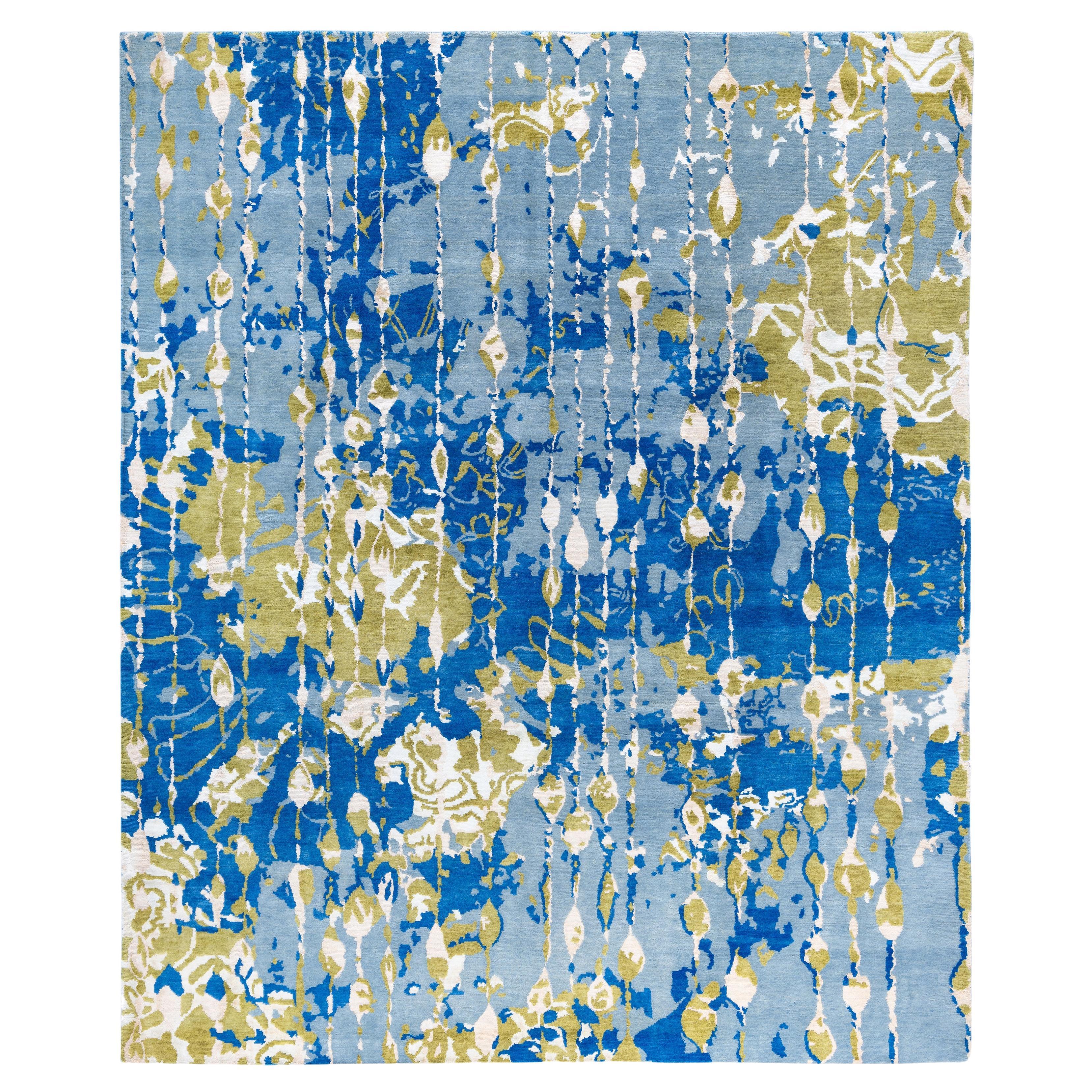 Contemporary Abstract Wool, Silk Hand Knotted Blue Area Rug 8' 2" x 9' 10"