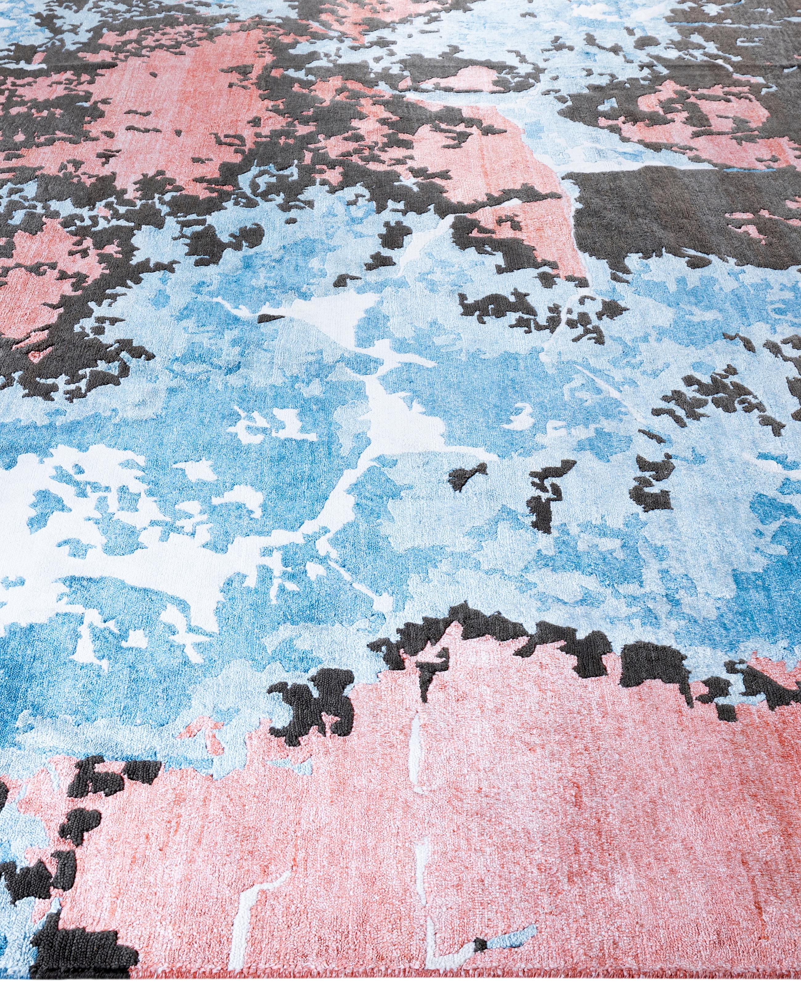 Annodato a mano Contemporary Abstract Wool, Silk Hand Knoted Blue Area Rugs 9' 3