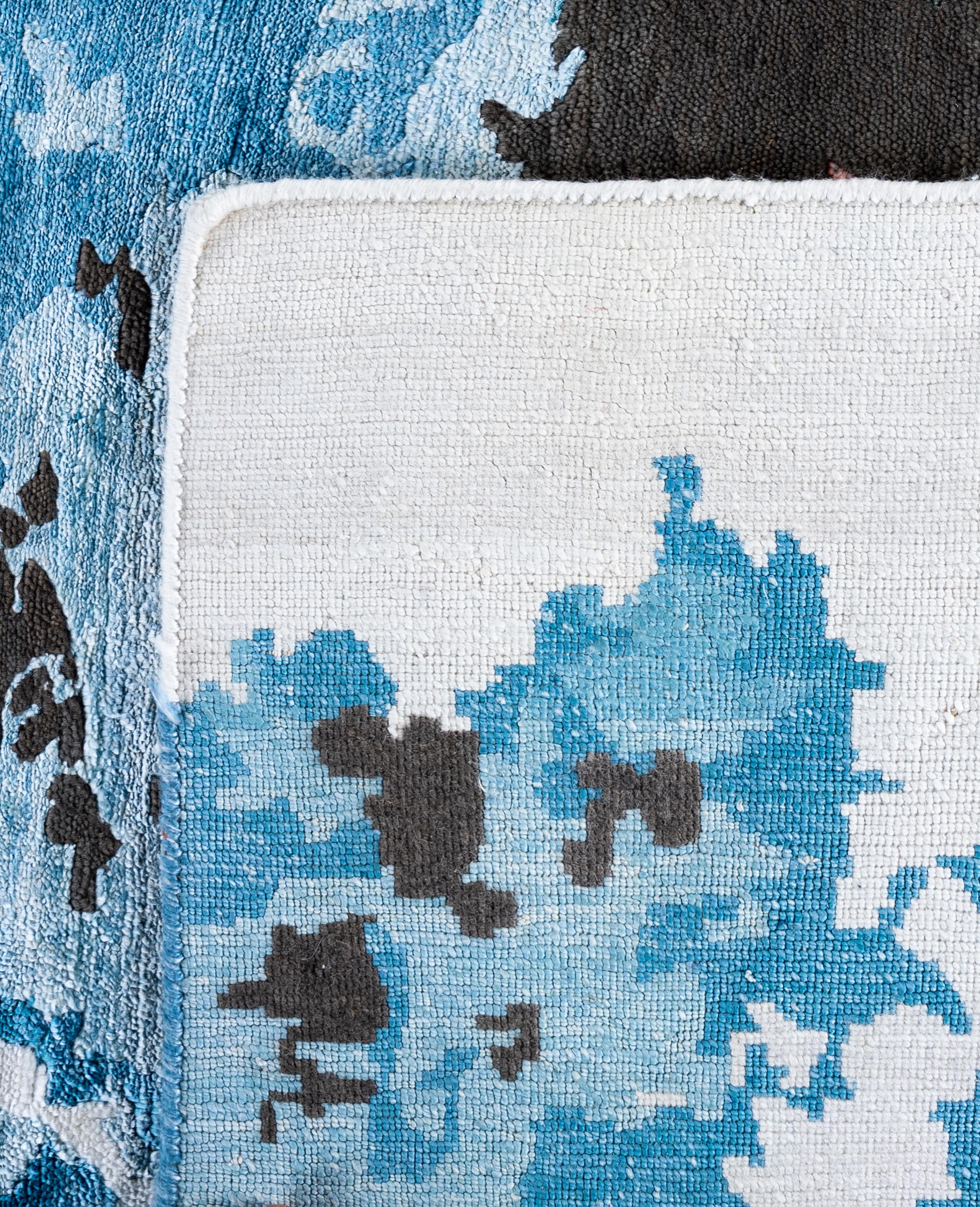 Contemporary Abstract Wool, Silk Hand Knoted Blue Area Rugs 9' 3