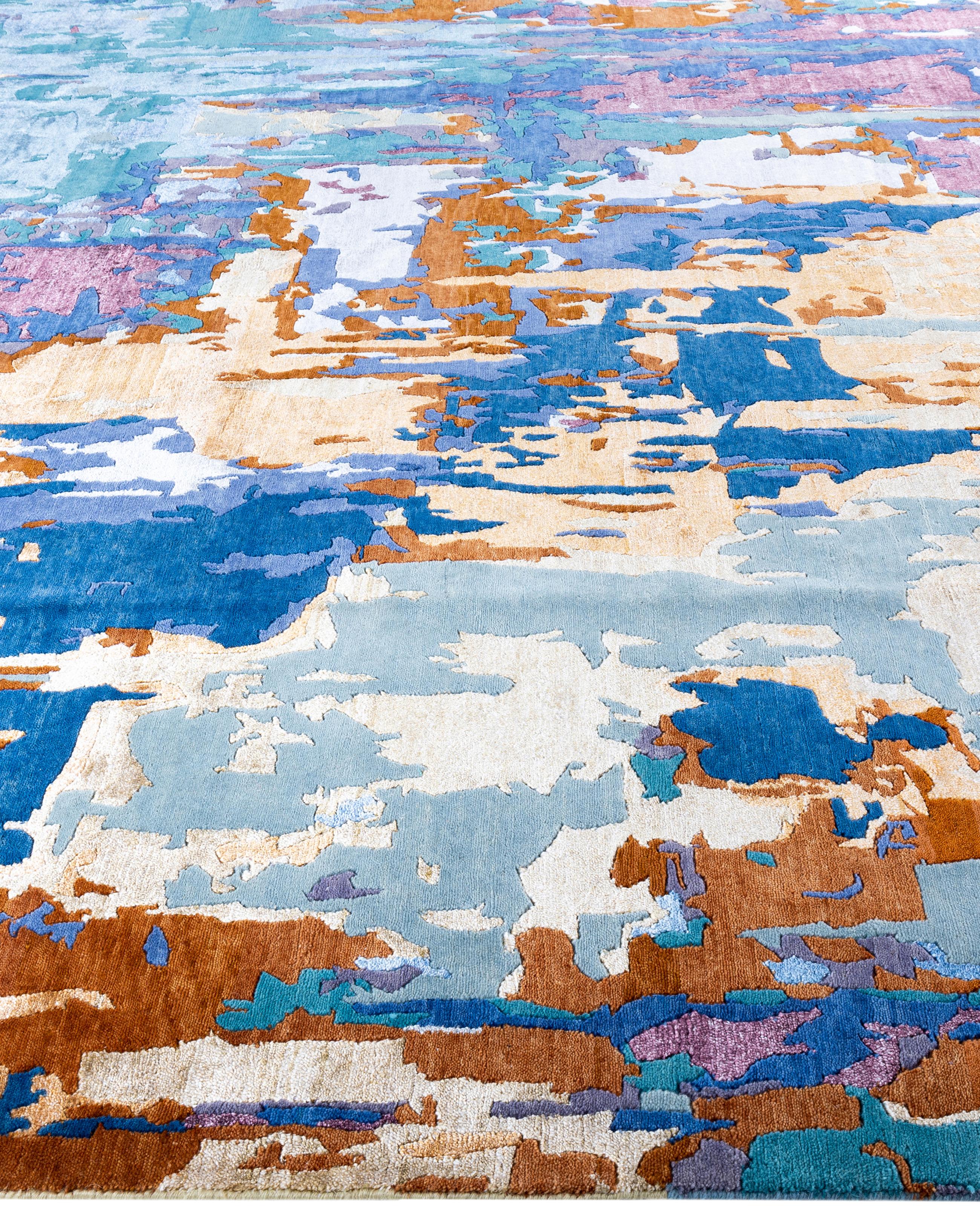 Annodato a mano Contemporary Abstract Wool, Silk Hand Knotted Gold Area Rugs 9' 2