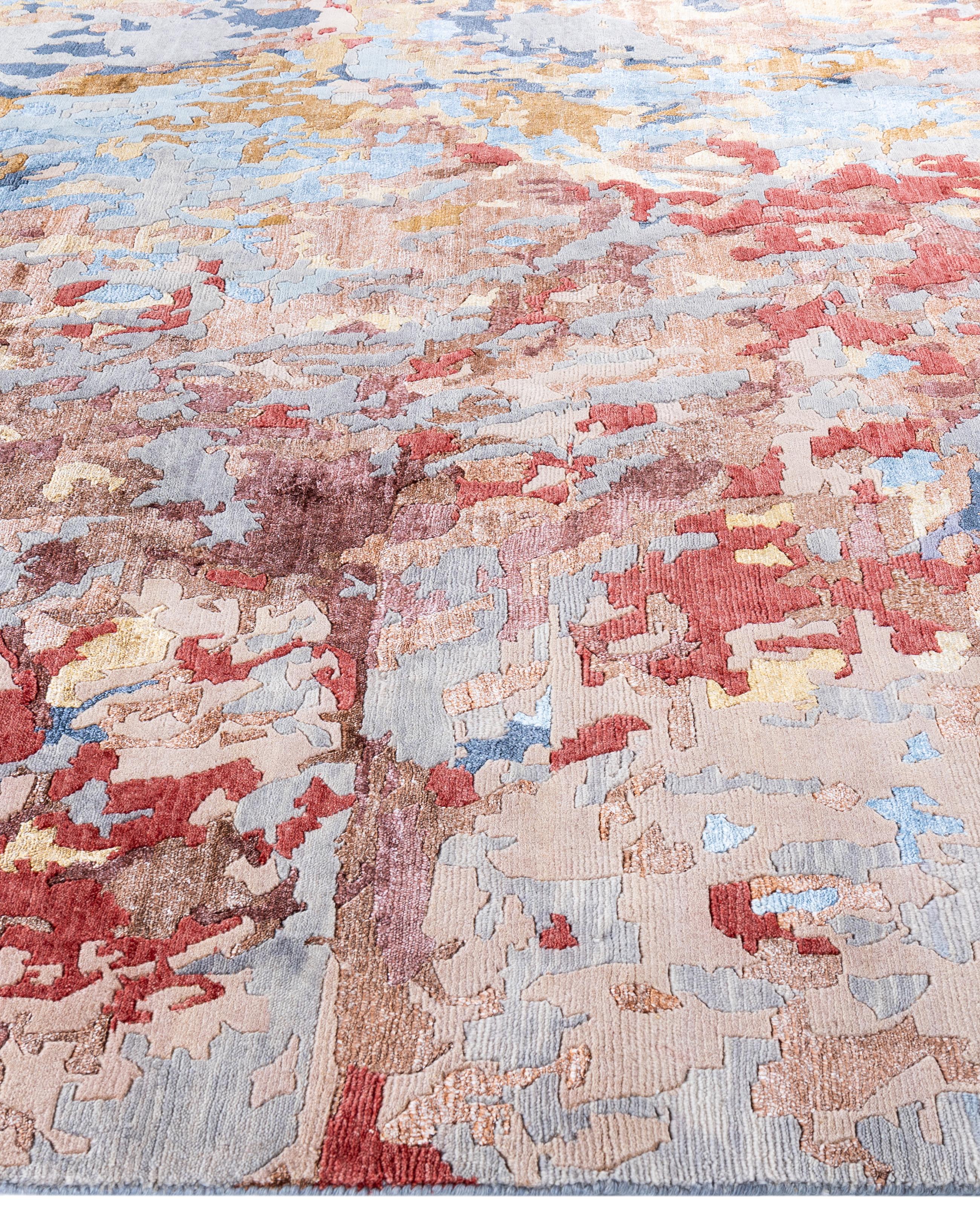 Annodato a mano Contemporary Abstract Wool, Silk Hand Knotted Gray Area Rugs 8' 1