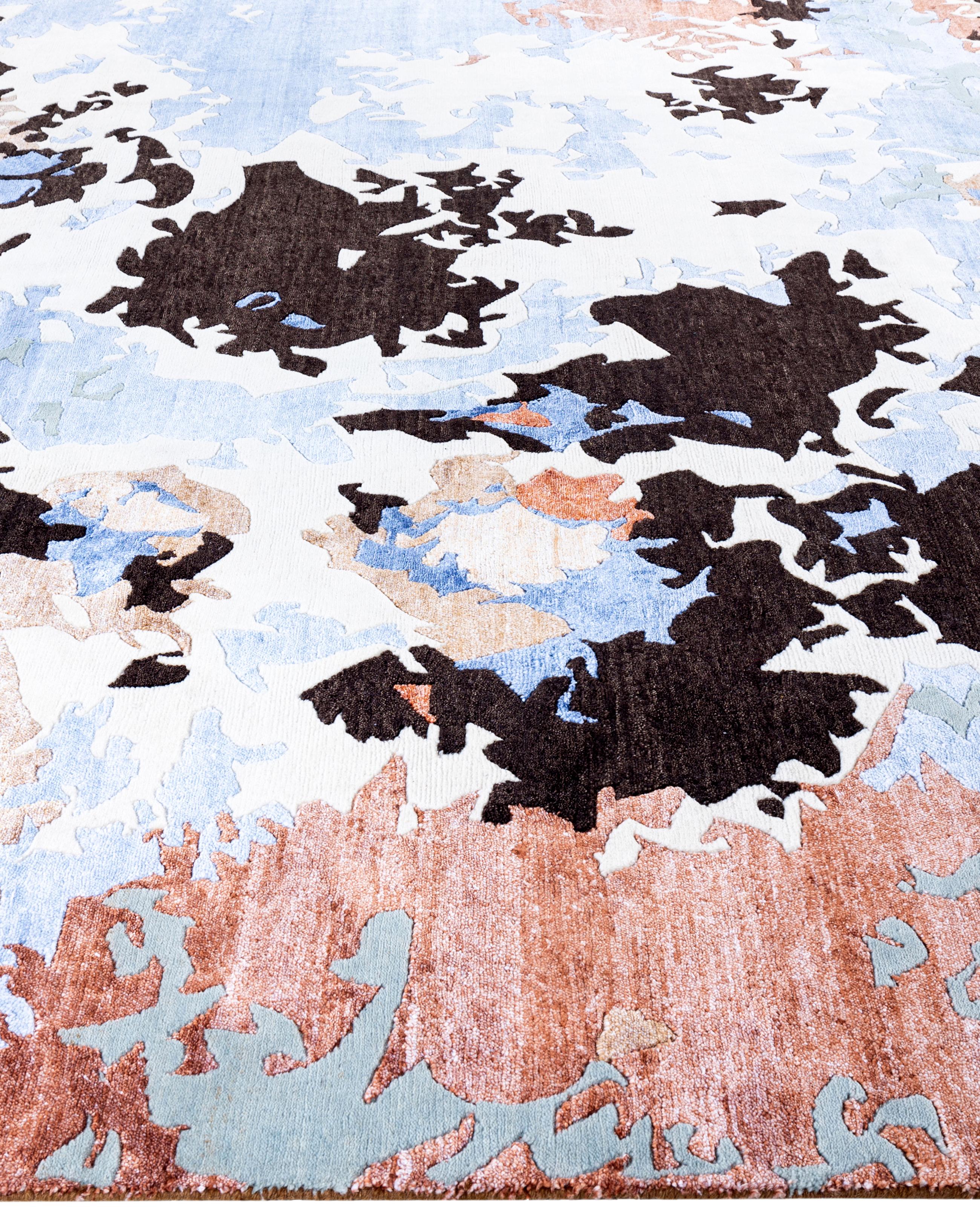 Annodato a mano Contemporary Abstract Wool, Silk Hand Knotted Gray Area Rugs 9' 2