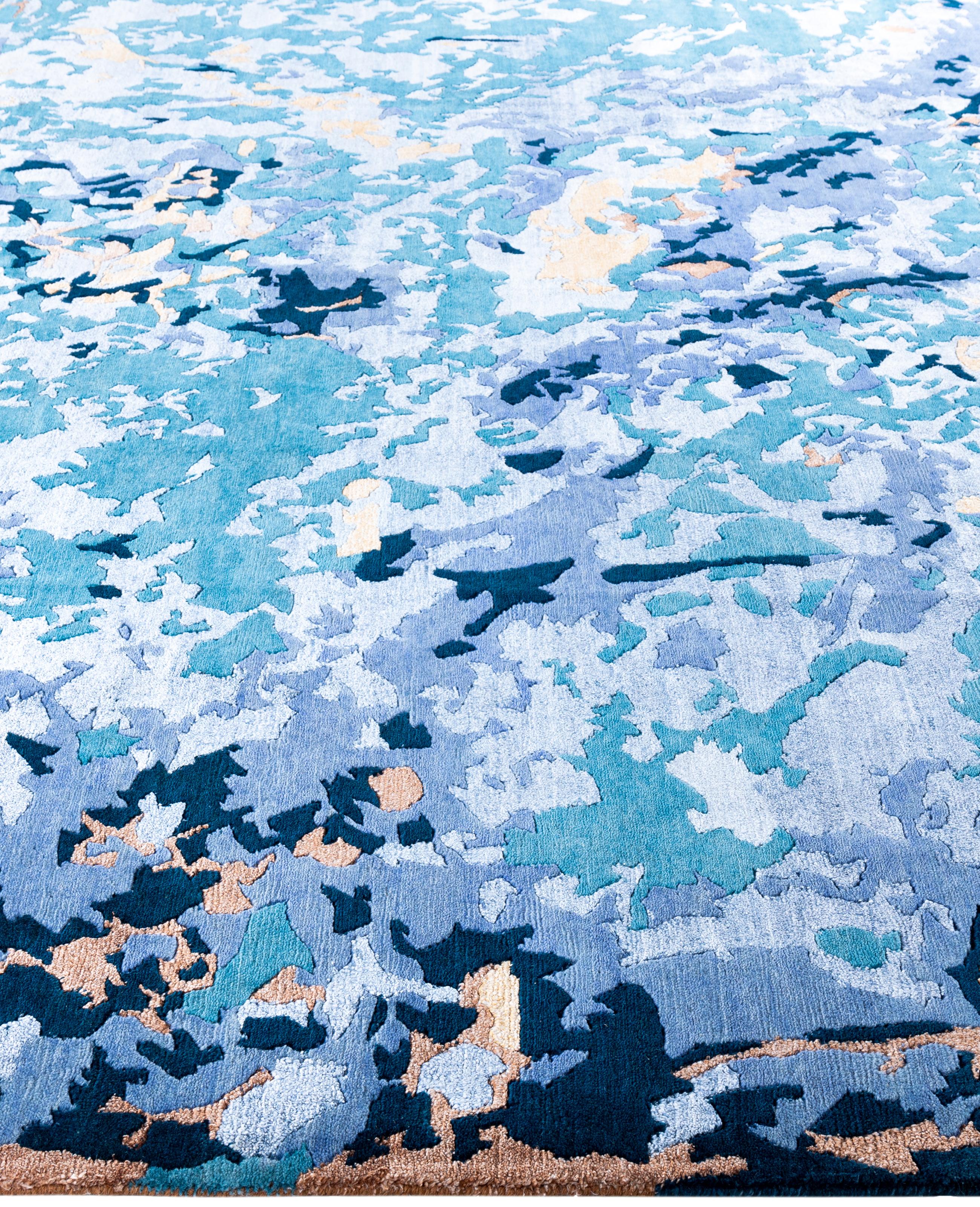Annodato a mano Contemporary Abstract Wool, Silk Hand Knotted Green Area Rugs 9' 3