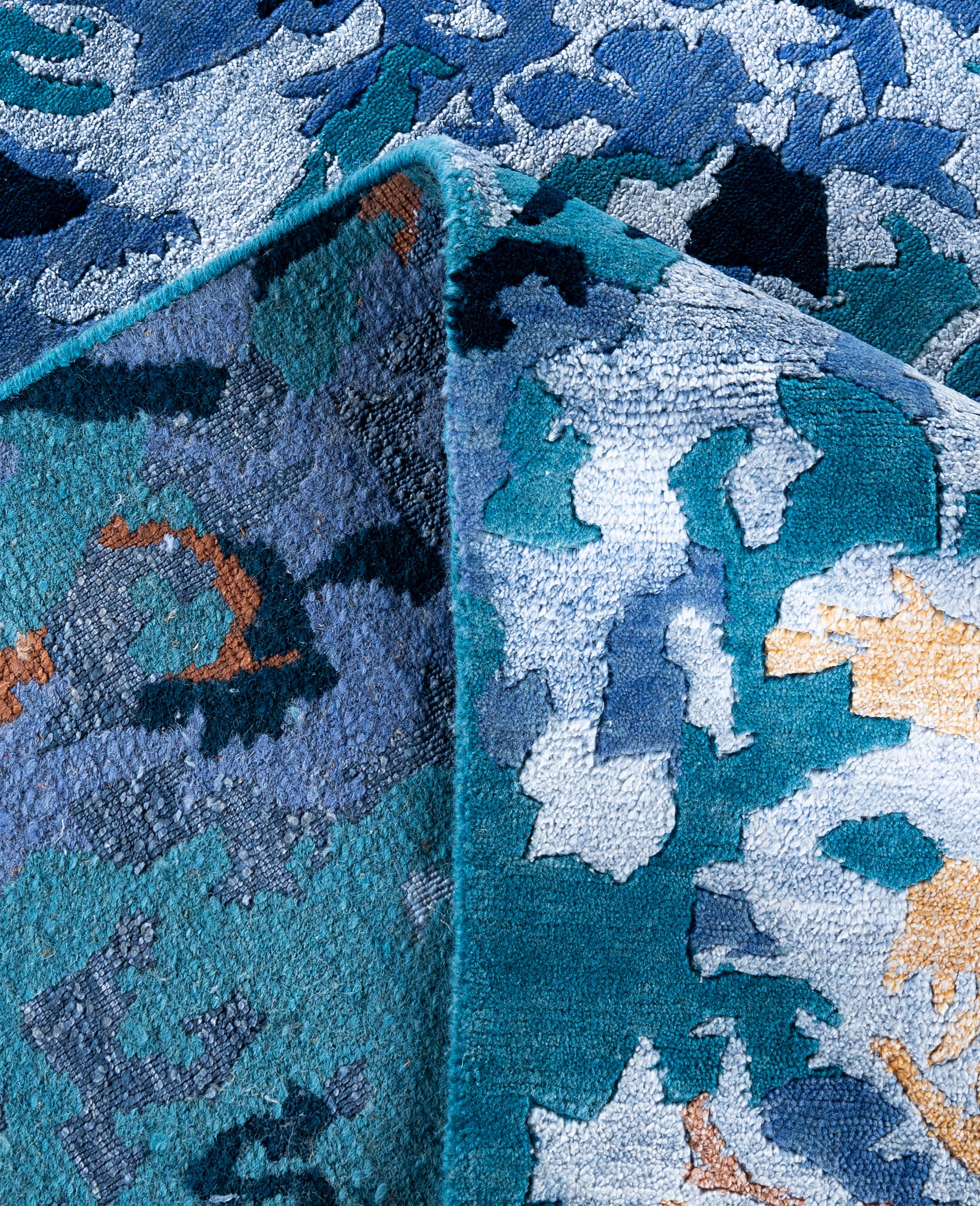 XXI secolo e contemporaneo Contemporary Abstract Wool, Silk Hand Knotted Green Area Rugs 9' 3
