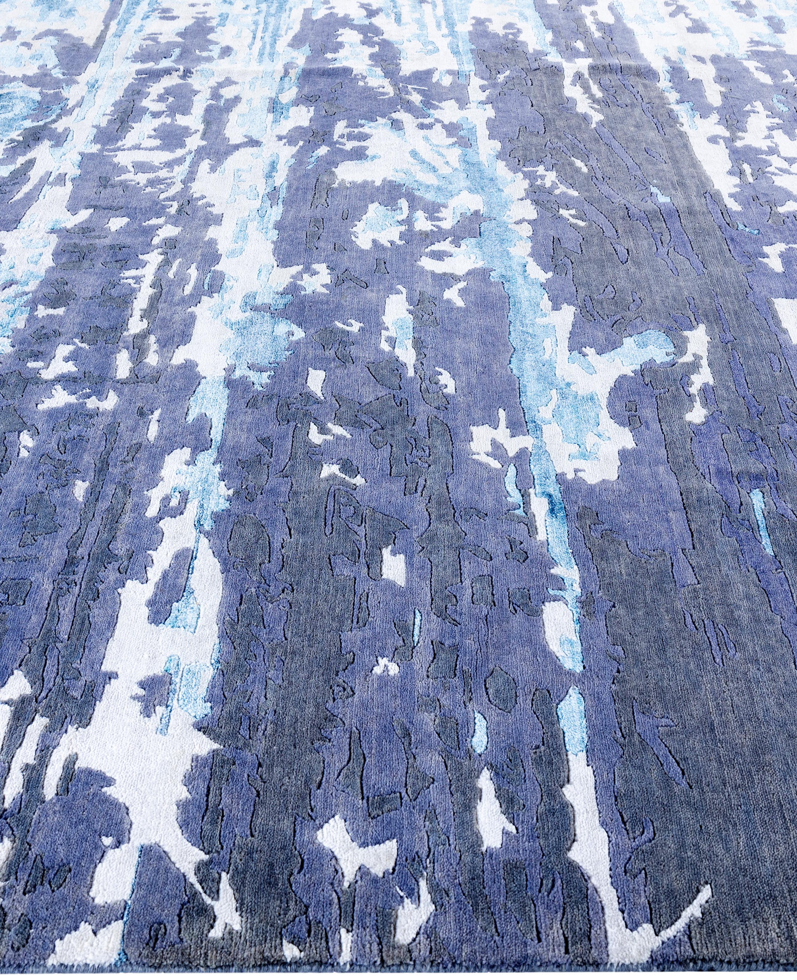 Hand-Knotted Contemporary Abstract Wool, Silk Hand Knotted Ivory Area Rug 8' 1