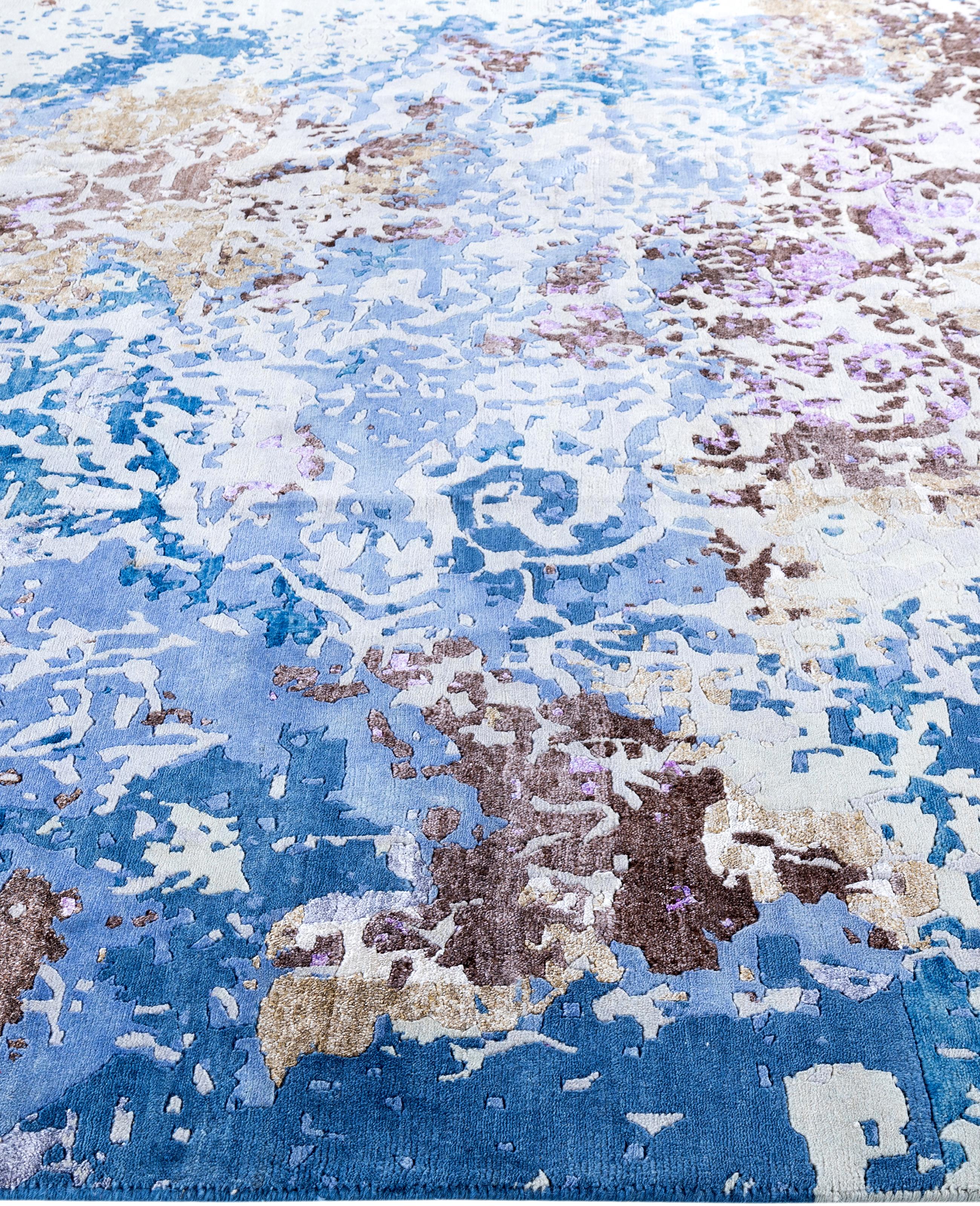 Annodato a mano Contemporary Abstract Wool, Silk Hand Knotted Navy Area Rugs 8' 3