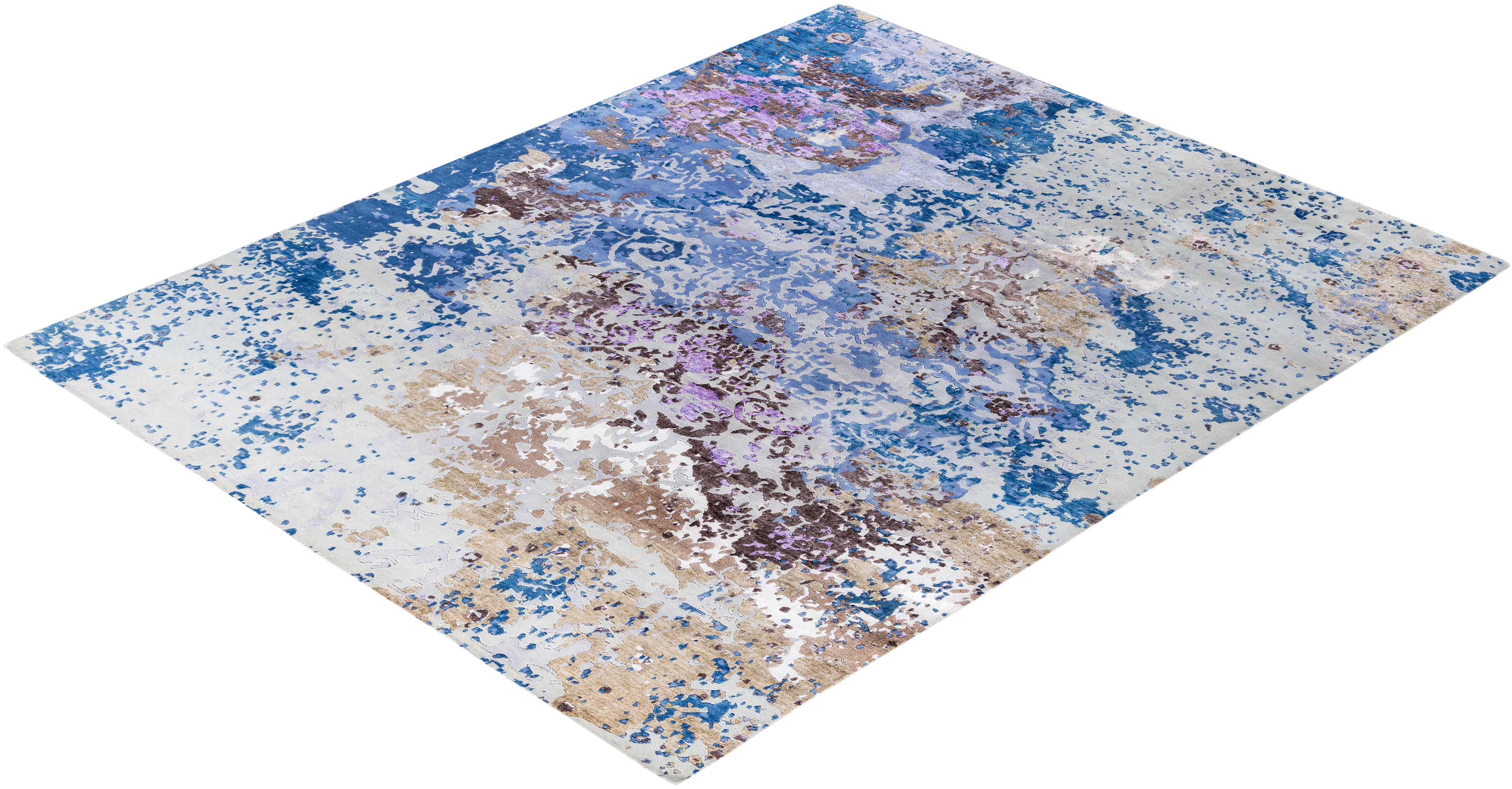 Contemporary Abstract Wool, Silk Hand Knotted Navy Area Rugs 8' 3