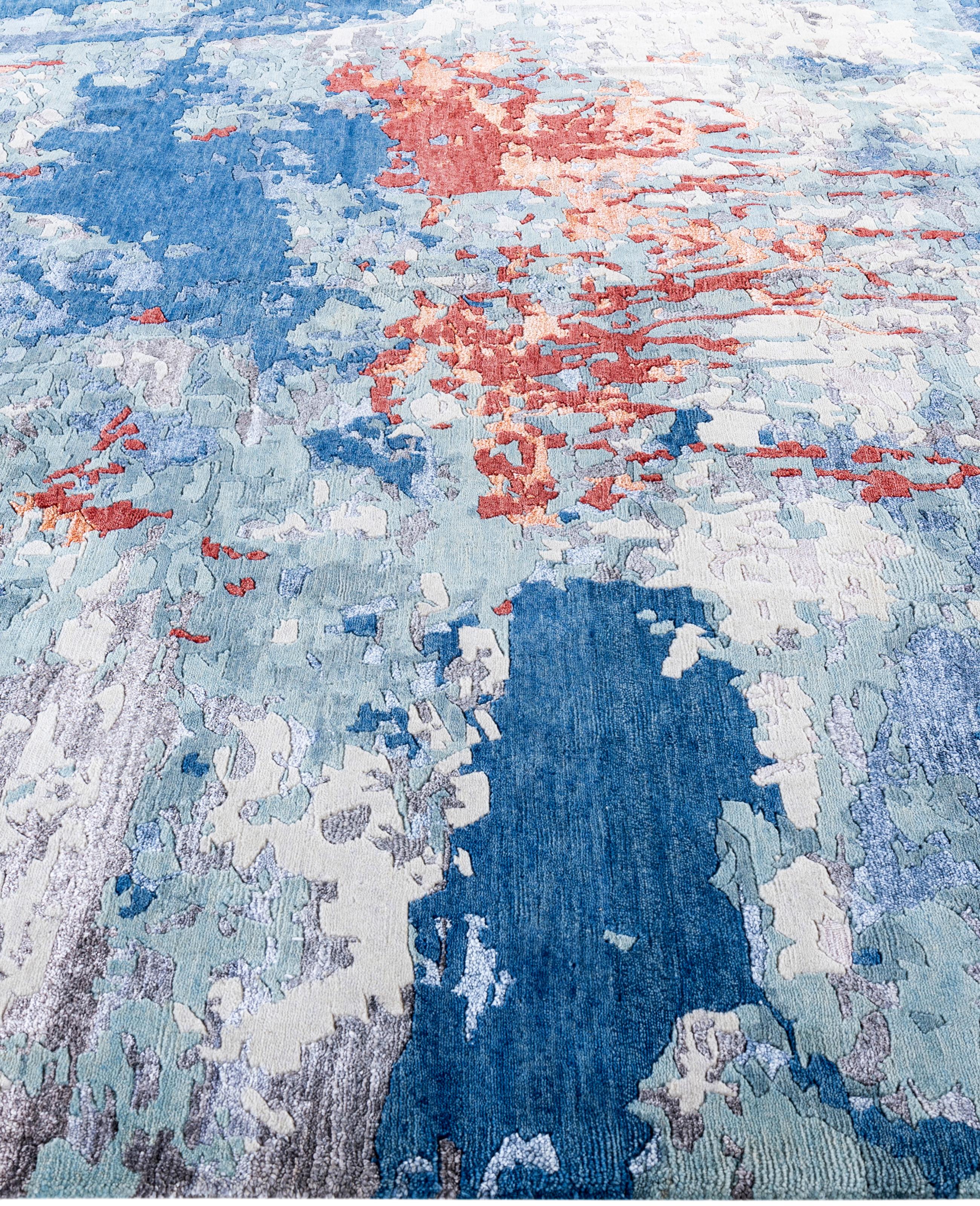 Annodato a mano Contemporary Abstract Wool, Silk Hand Knoted Navy Area Rugs 8' 4