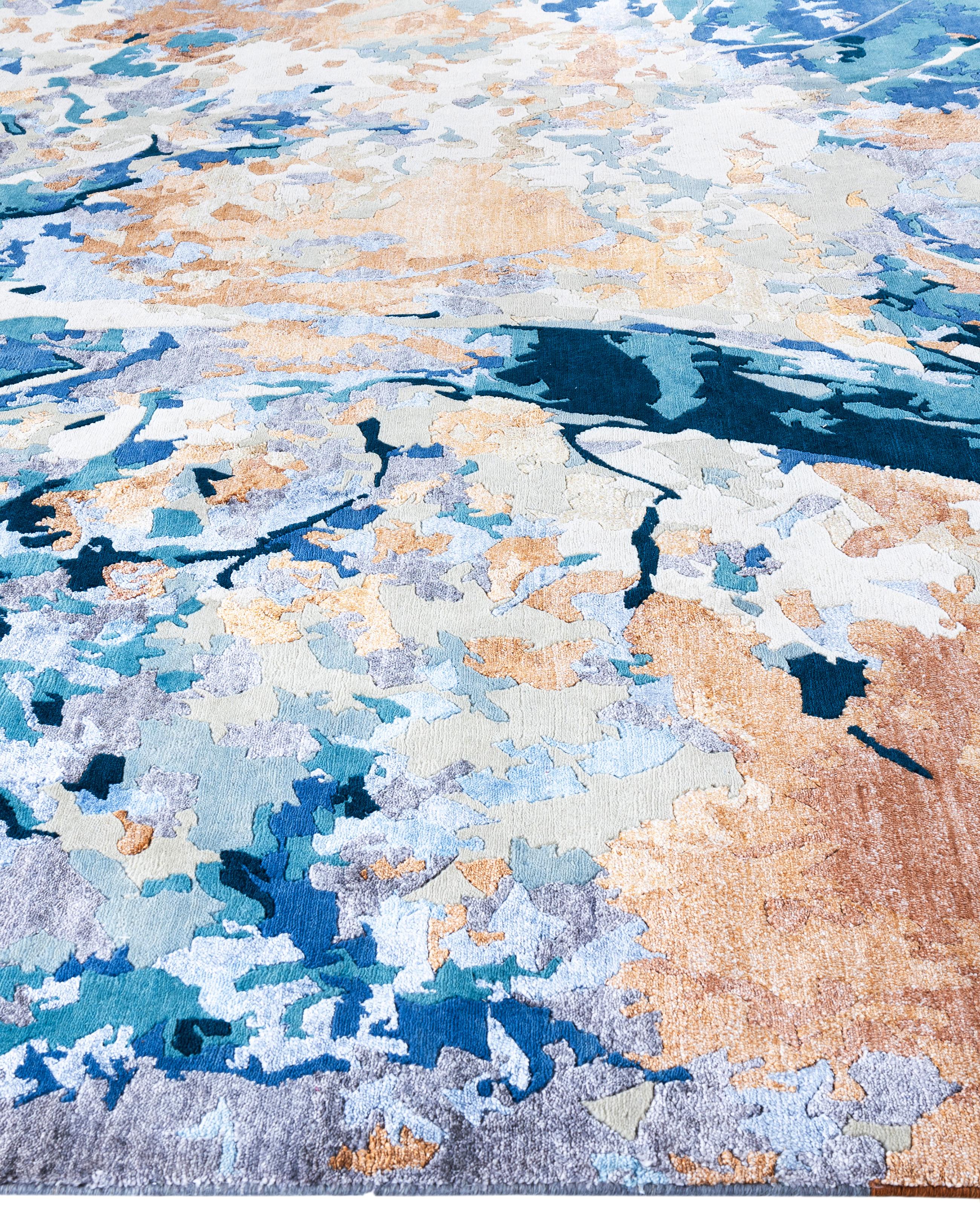 Annodato a mano Contemporary Abstract Wool, Silk Hand Knotted Yellow Area Rugs 9' 2