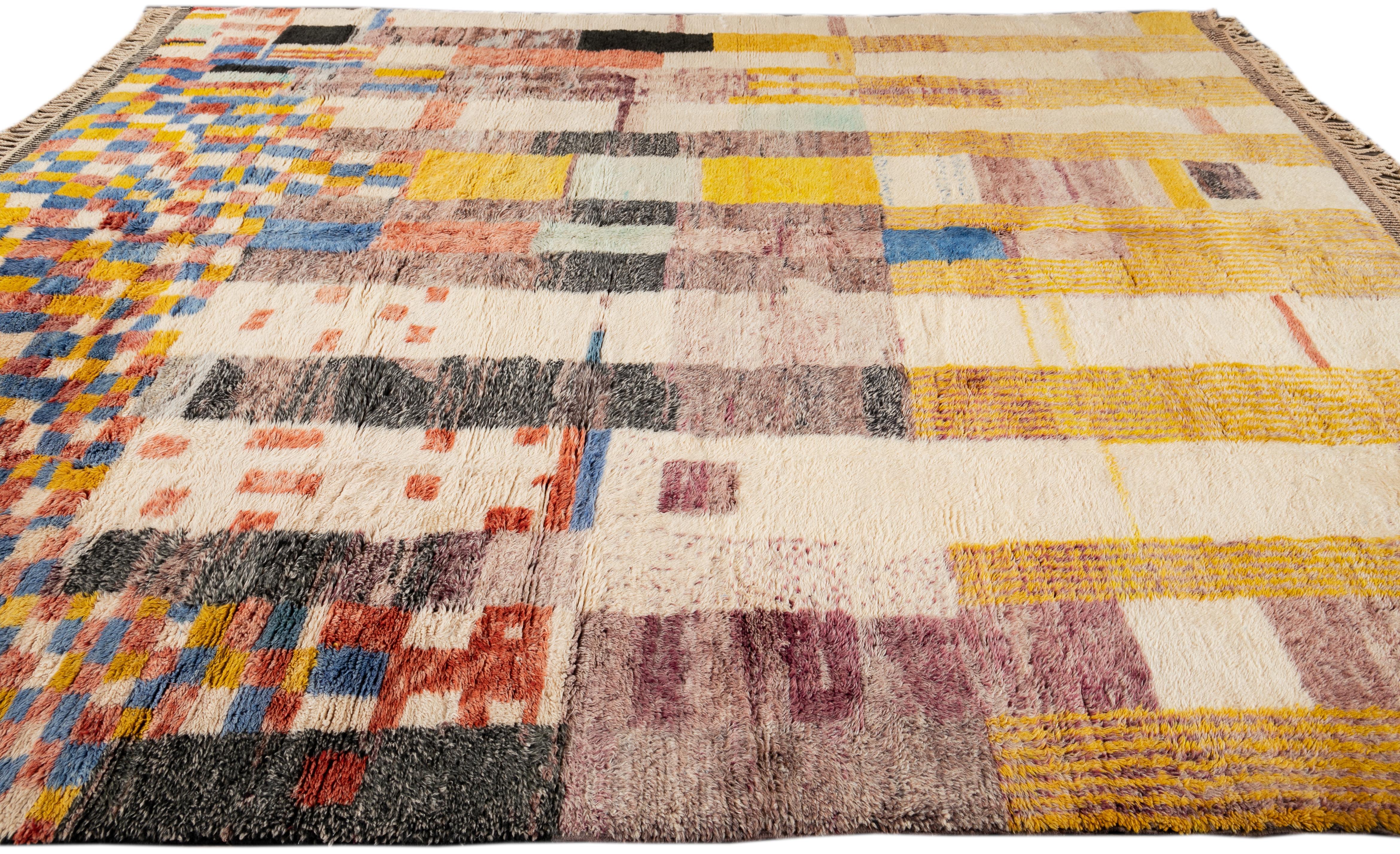 Contemporary Abstract Yellow, Red and Blue Moroccan Wool Rug 3