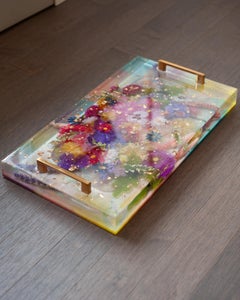 Contemporary Acrylic Serving Tray with Silk Flowers, Gold Leaf, and Gold Handles