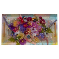 Contemporary Acrylic Serving Tray with Silk Flowers, Gold Leaf, and Gold Handles