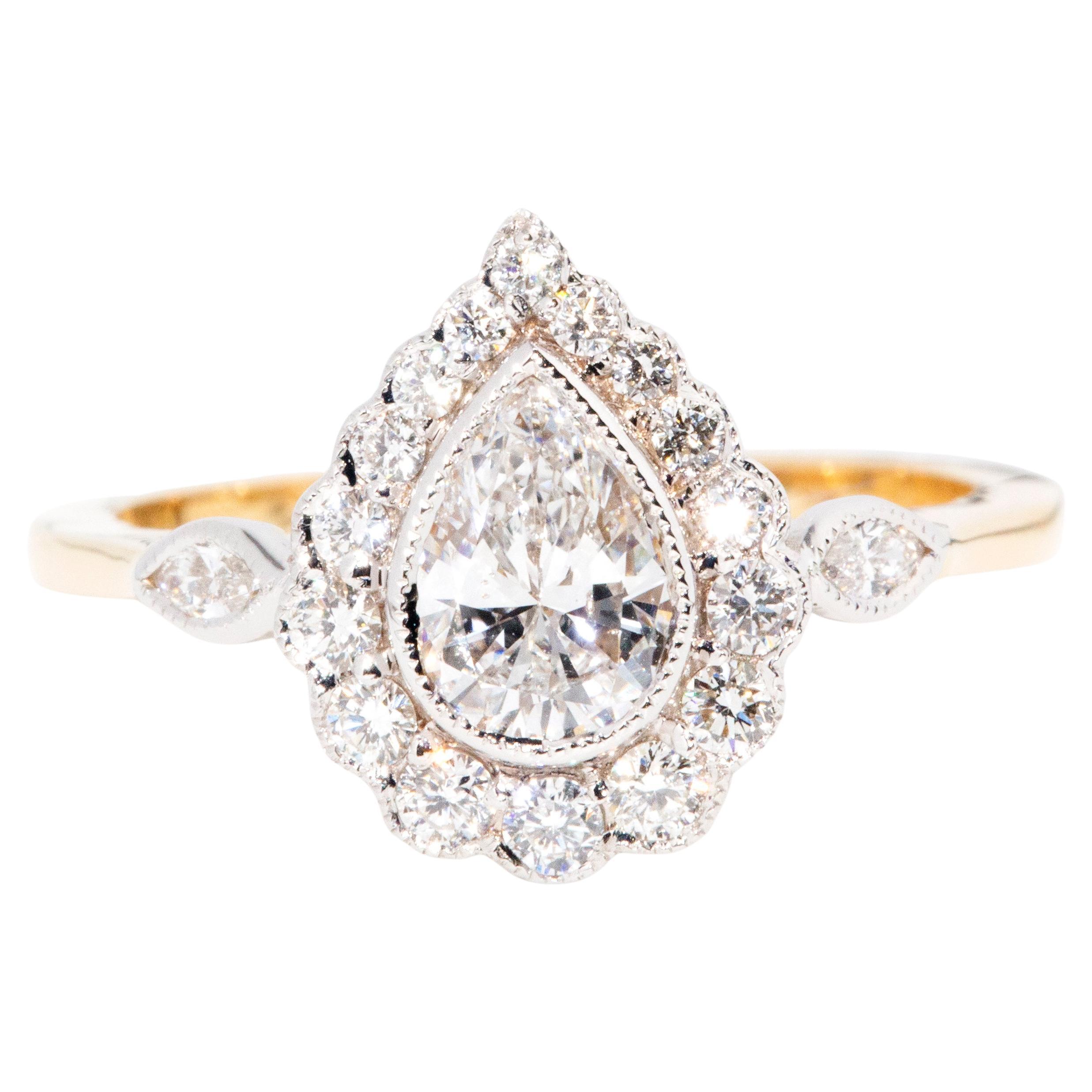 Contemporary ADGL 0.97 Carat Certified Pear Shaped Diamond Halo Cluster Ring For Sale