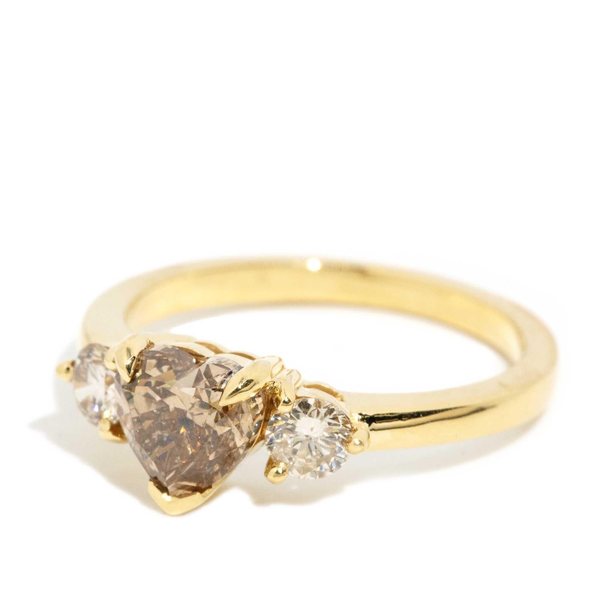 Heart Cut Contemporary ADGL Cognac & White Diamond Heart Ring 18 Carat Yellow Gold For Sale