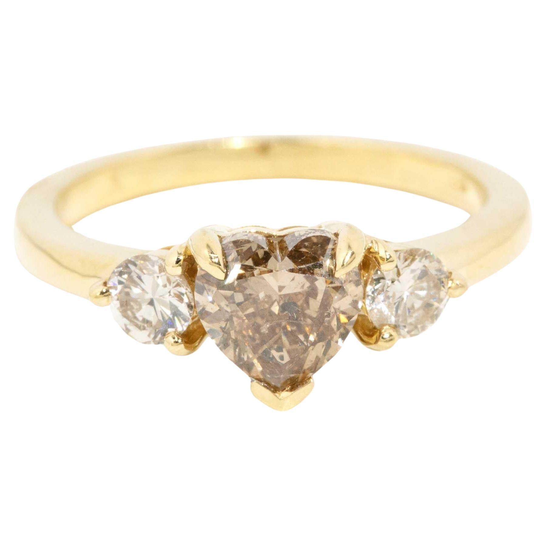 Contemporary ADGL Cognac & White Diamond Heart Ring 18 Carat Yellow Gold For Sale