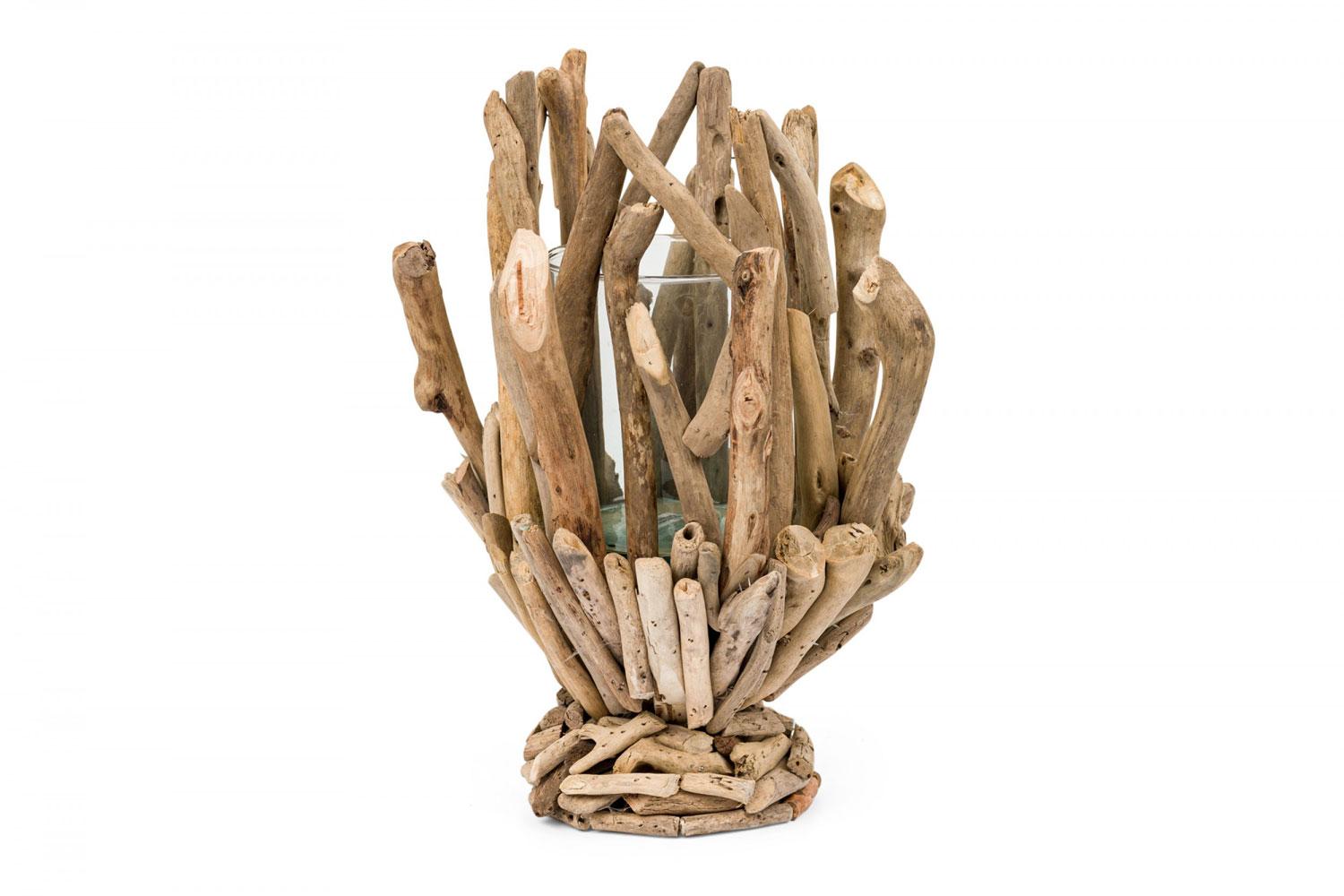 Contemporary Adirondack-style rustic footed candle holder with twig exterior and glass inset. (Similar Piece: 063301)
