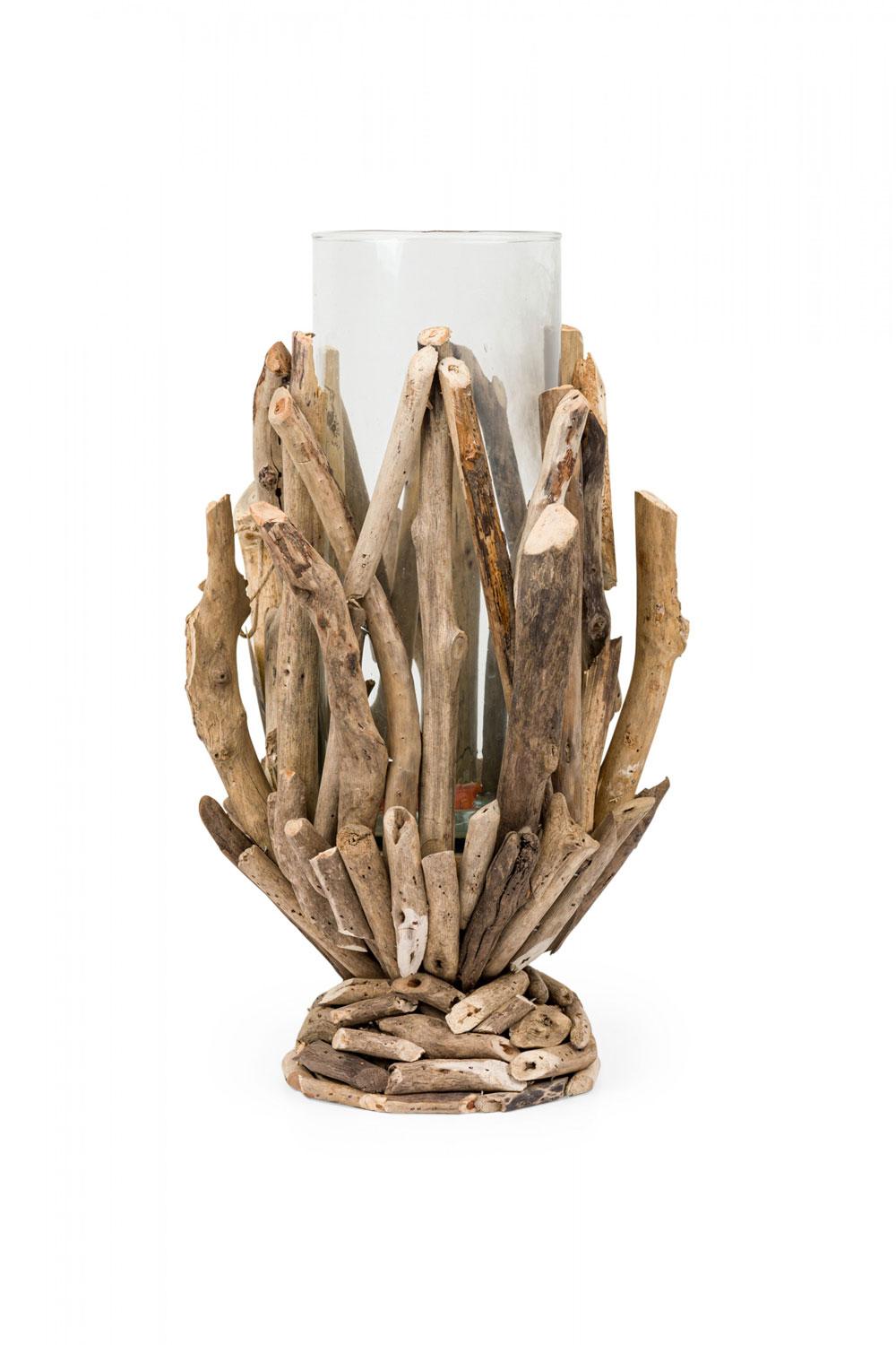 Portavelas Contemporáneo de Vidrio y Ramita Estilo Adirondack Rústico en venta