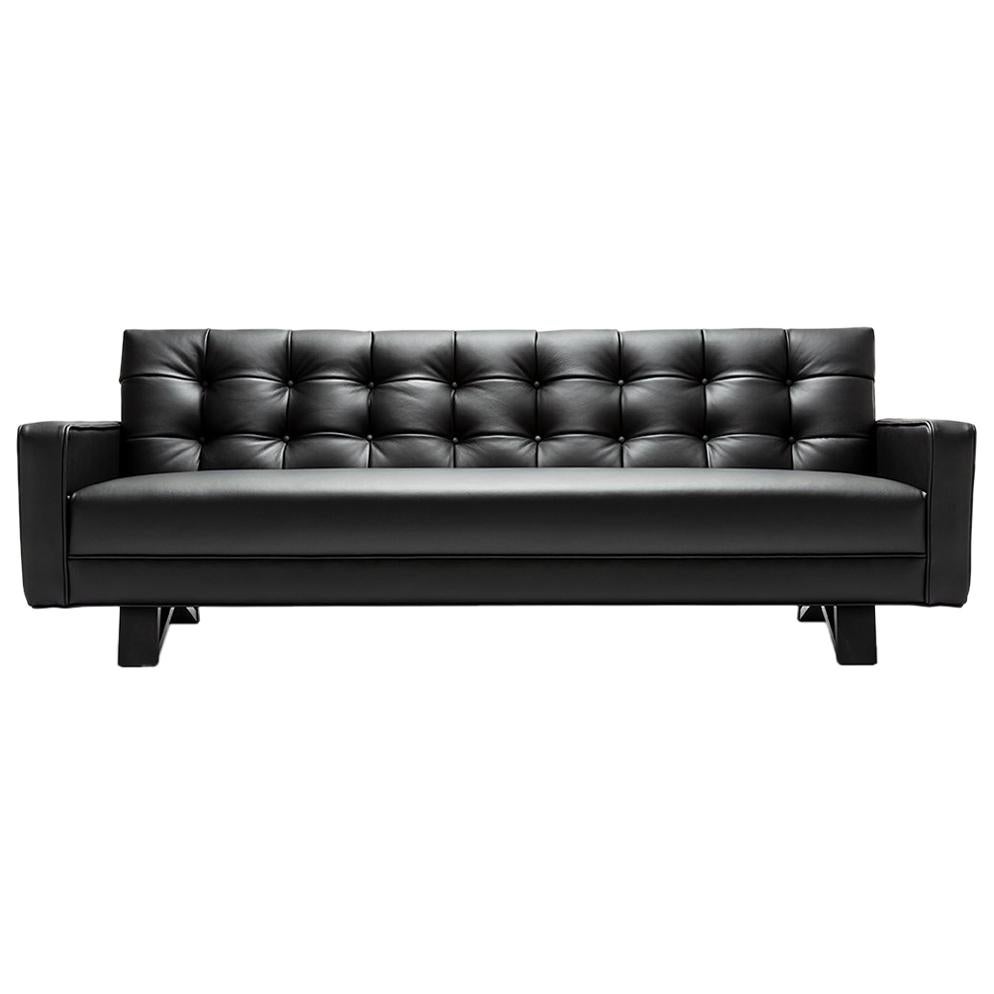 Contemporary Adoni Obsidian Black Leather Sofa with black waxed walnut feet