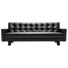 Contemporary Adoni Obsidian Black Leather Sofa with black waxed walnut feet